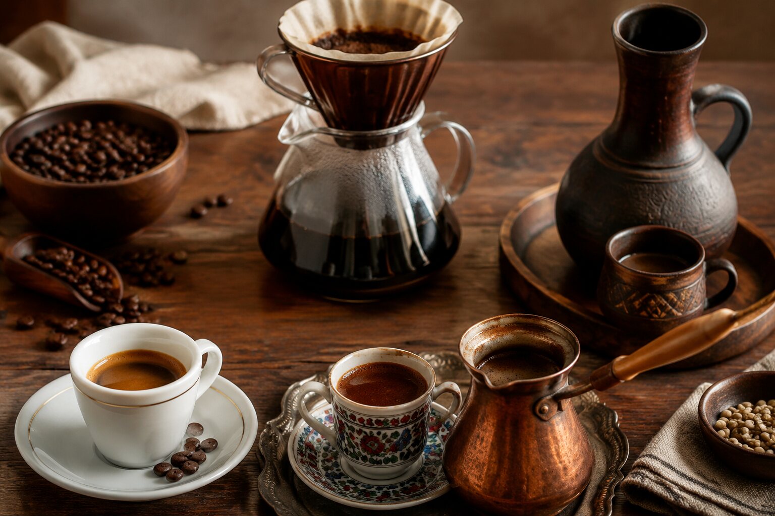Cultura del café con métodos de preparación de distintos países