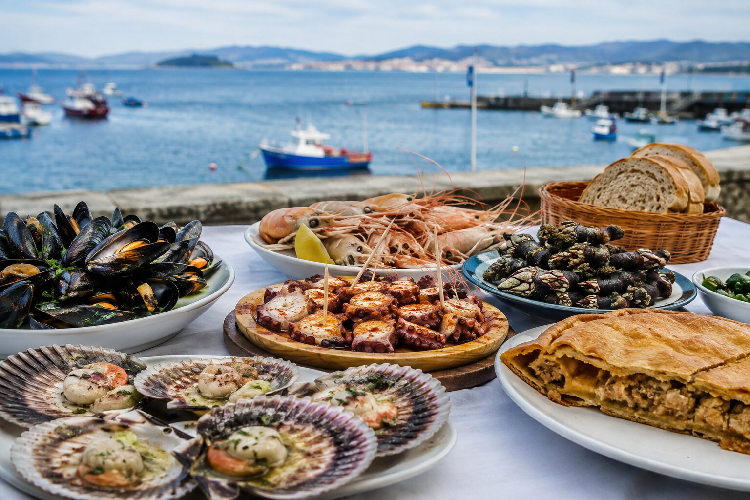 Mariscos y gastronomía de Galicia con percebes, mejillones y pulpo