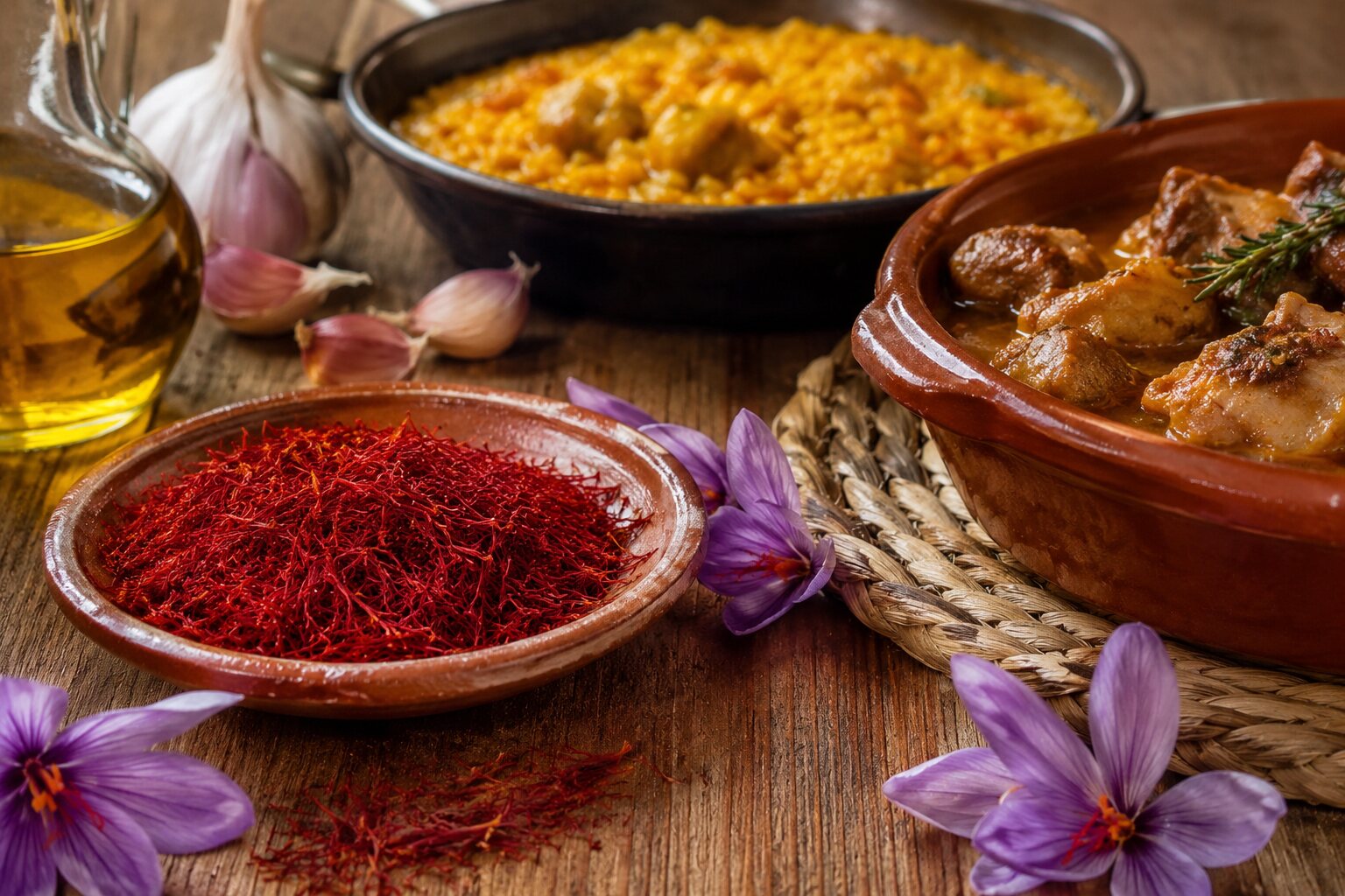 Azafrán de Castilla-La Mancha con flores y platos manchegos