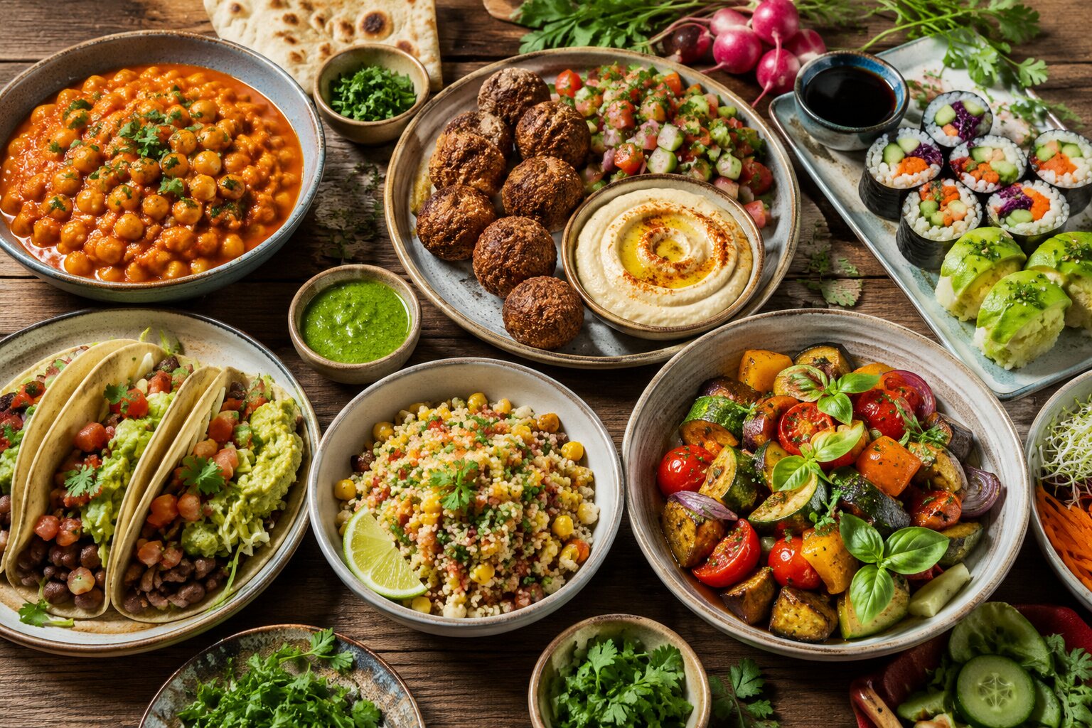 Cocina vegana del mundo con legumbres, verduras y cereales