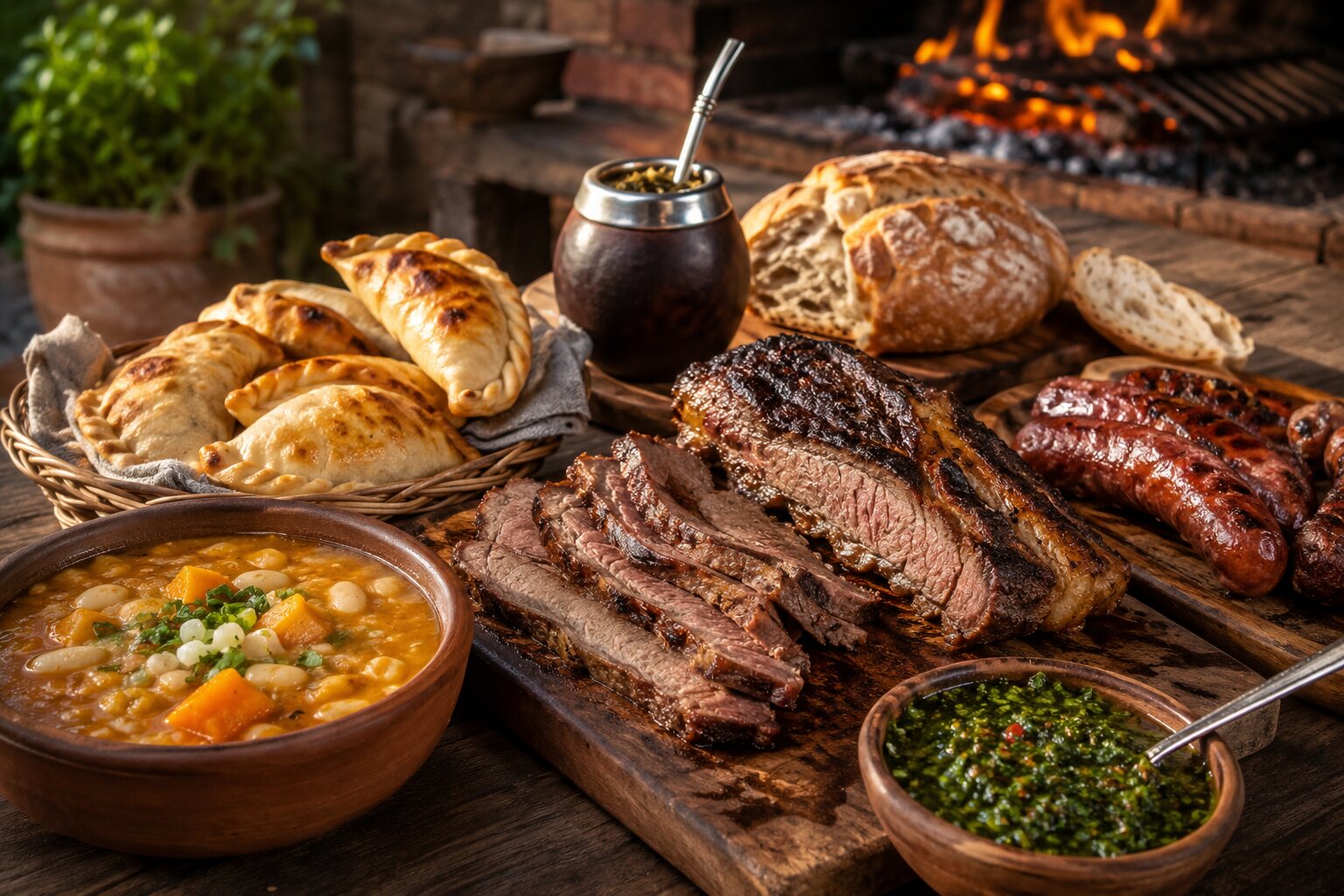 Gastronomía tradicional argentina con asado y empanadas