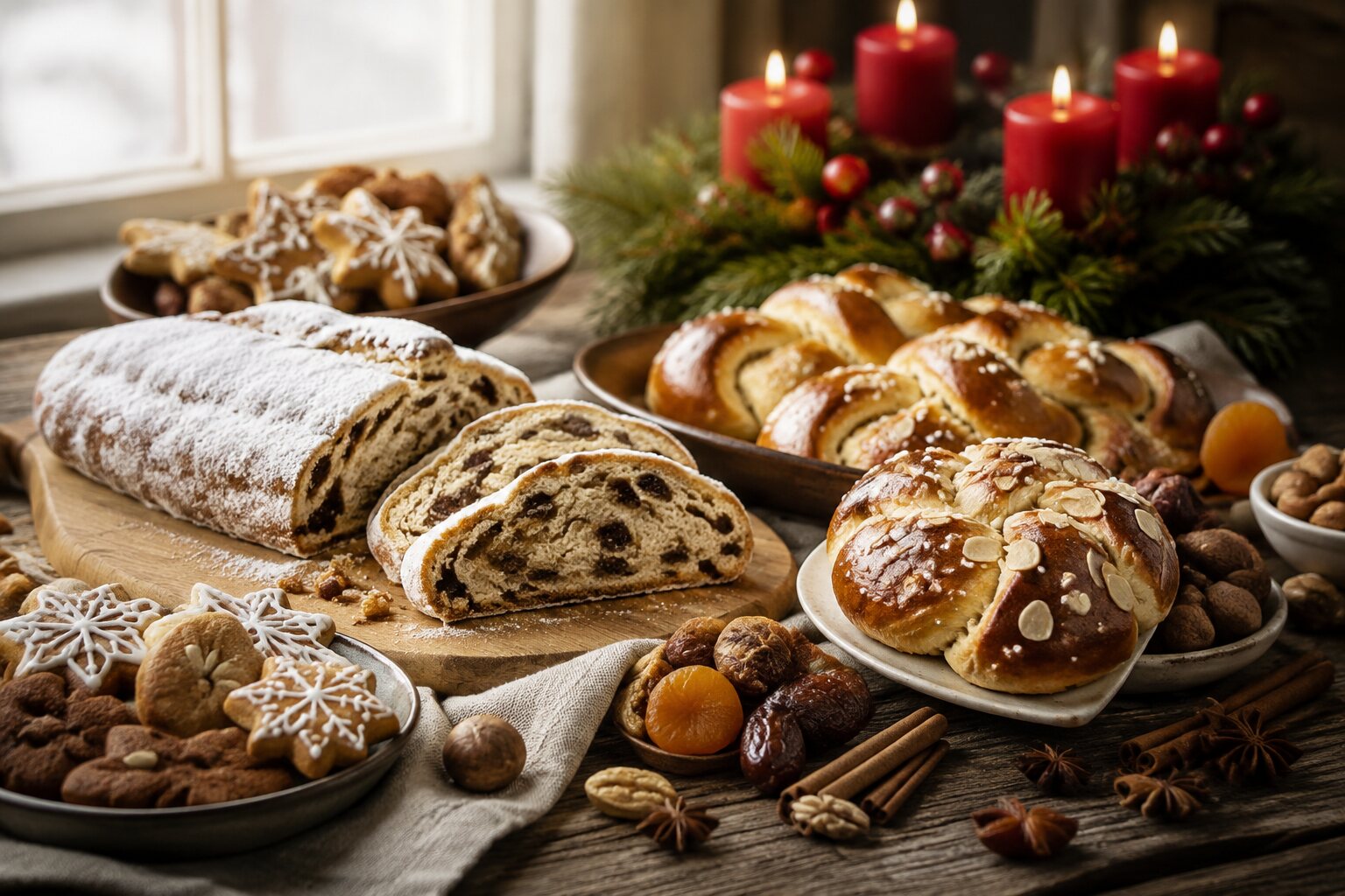 Comidas y dulces de Adviento con panes, galletas y velas