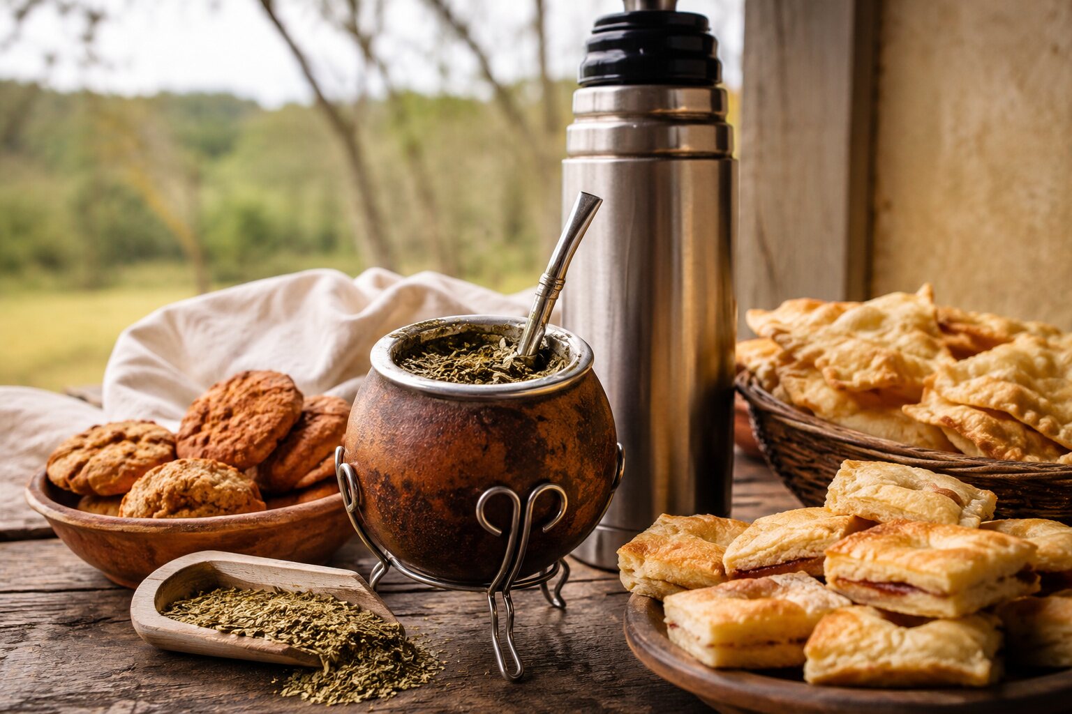 Mate argentino con yerba, bombilla y acompañamientos