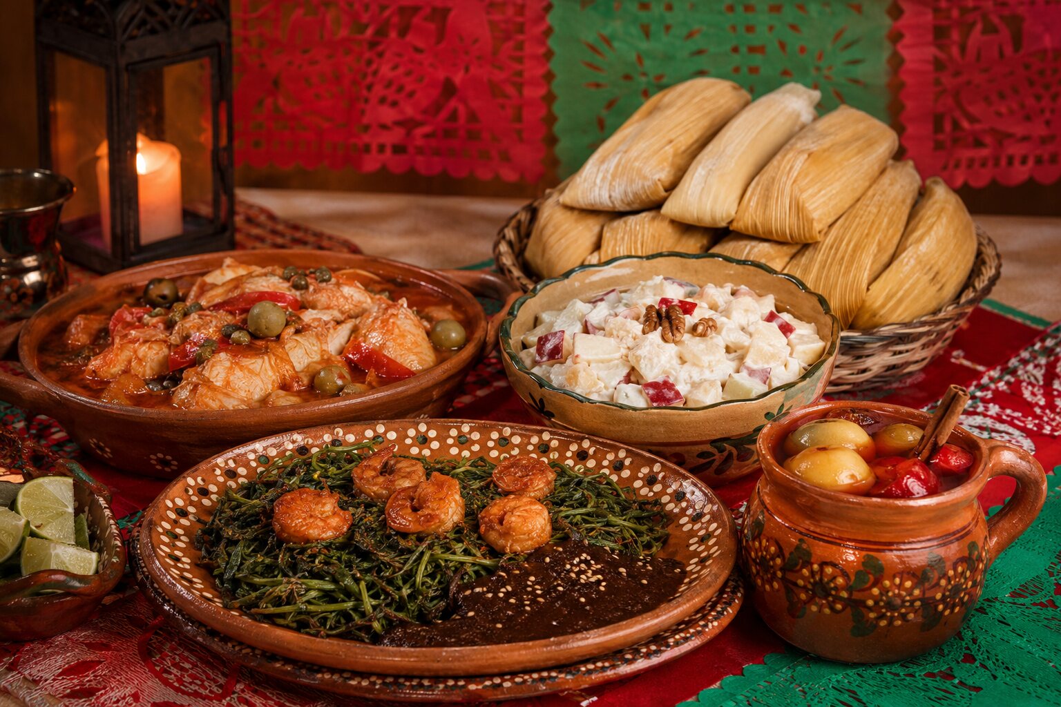 Comidas navideñas de México con bacalao, romeritos y tamales