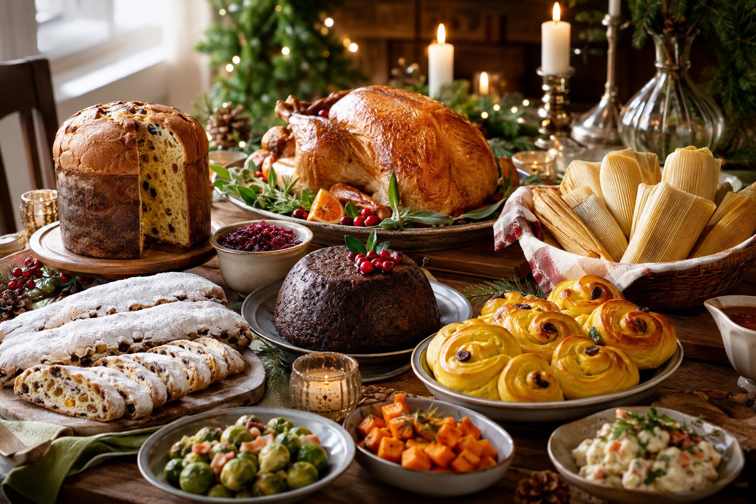 Comidas de Navidad alrededor del mundo en una mesa festiva