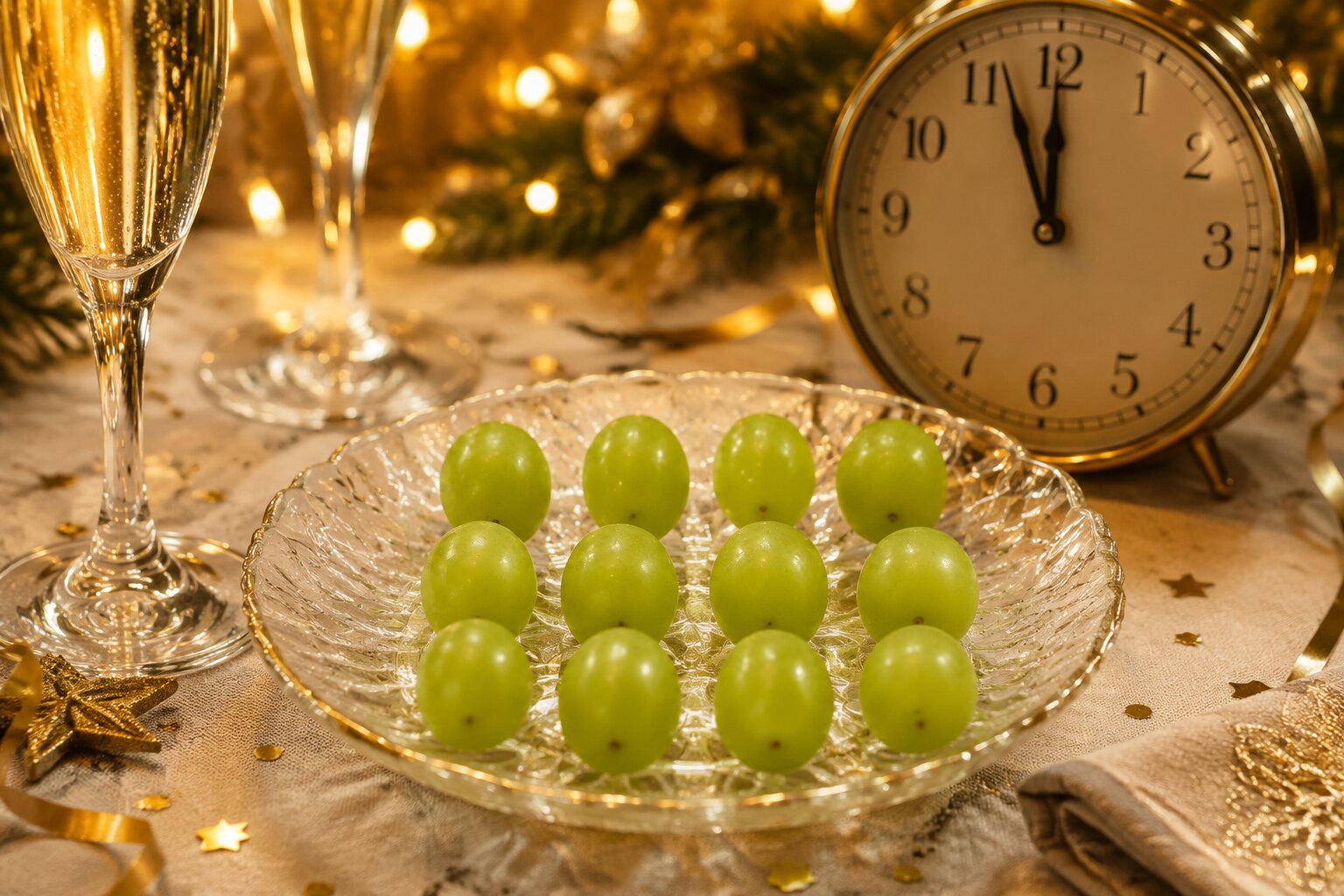 Doce uvas de la suerte junto a un reloj de Nochevieja