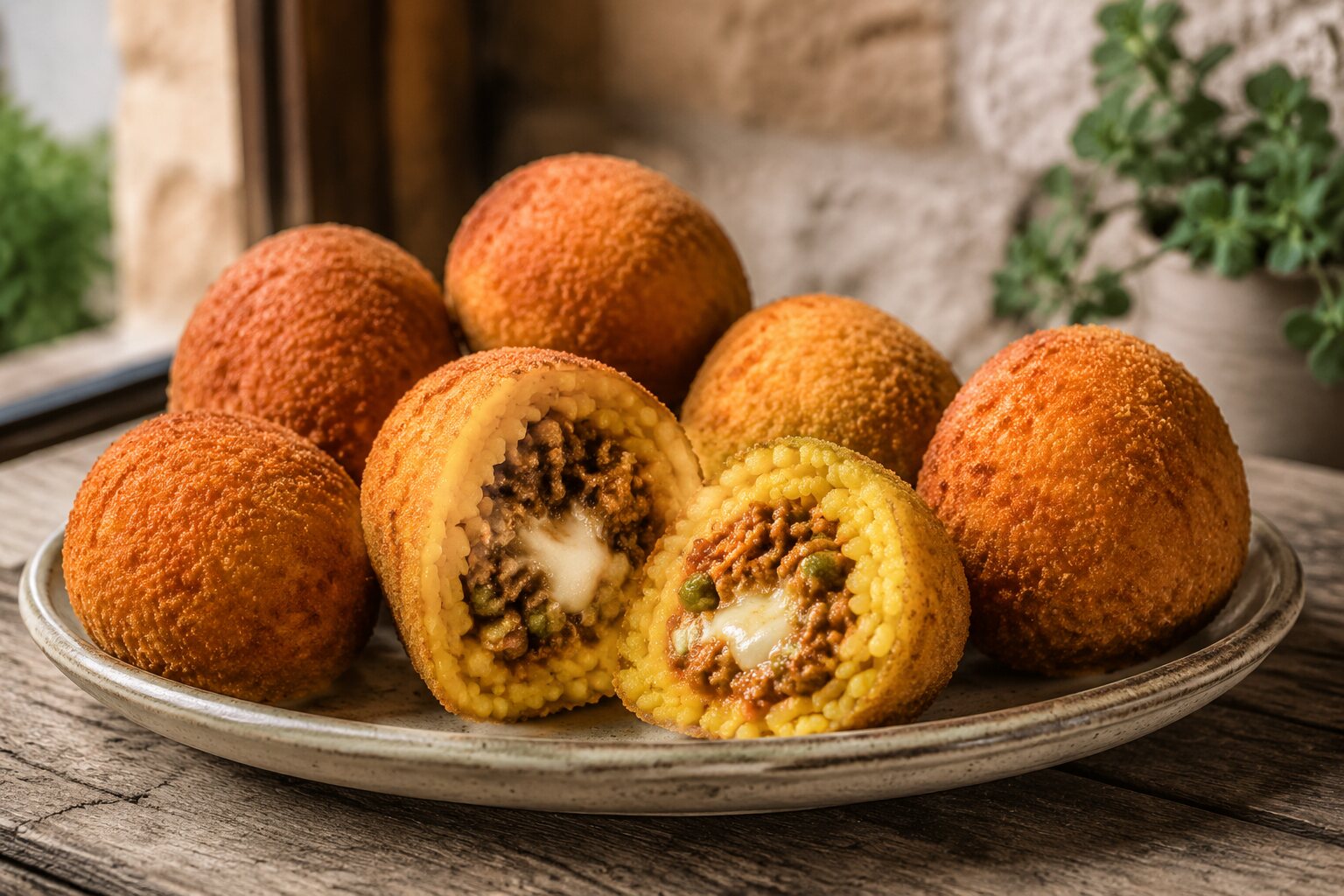 Arancini sicilianos rellenos de ragù, guisantes y queso