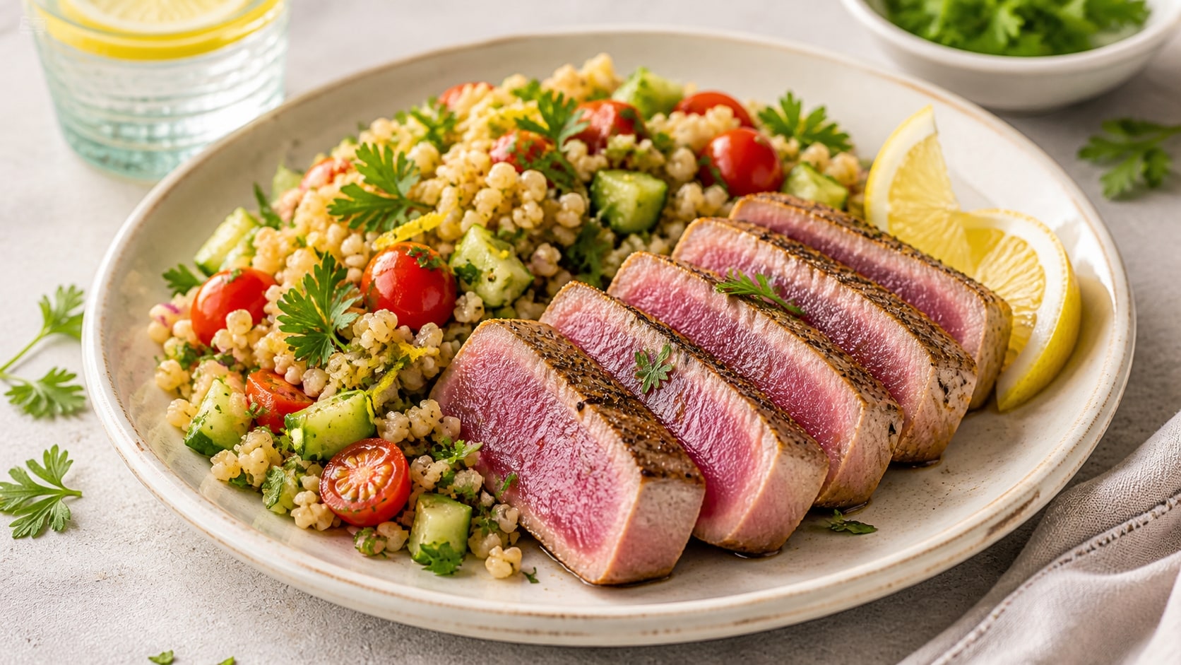 Plato de atún a la plancha con ensalada de bulgur y limón listo para disfrutar