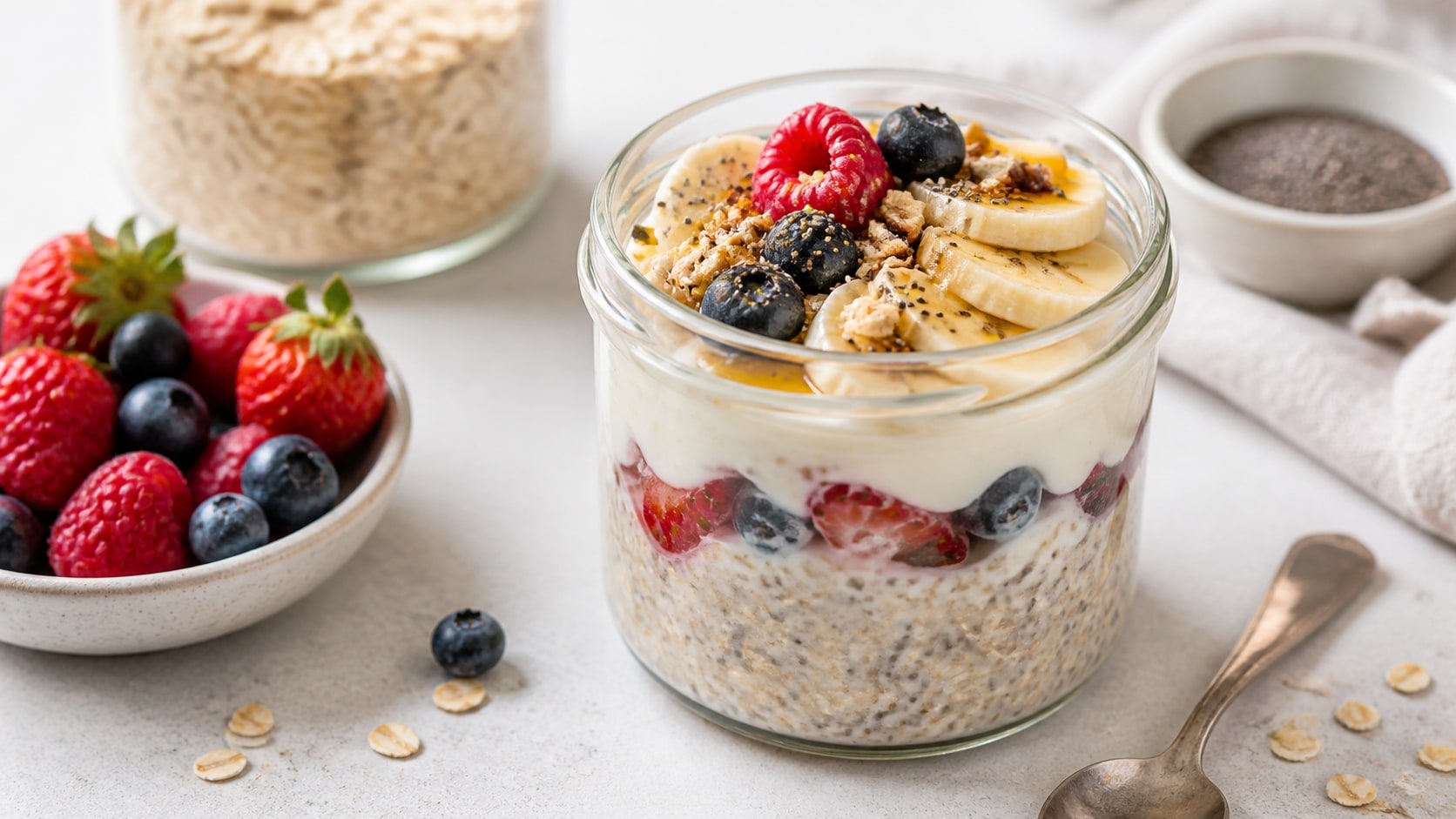 Porción de avena remojada nocturna lista para disfrutar