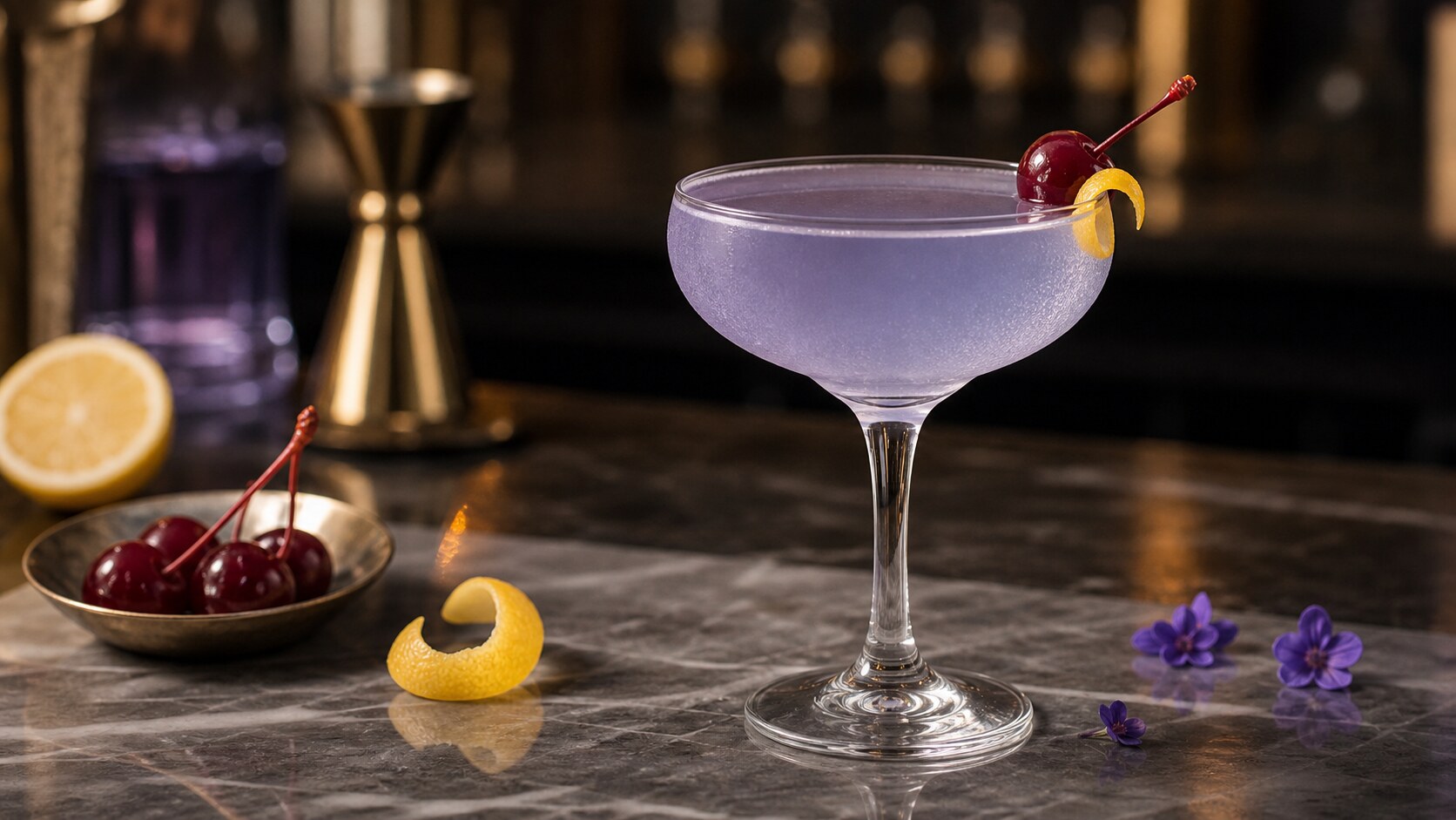 Cóctel Aviation violeta con ginebra y piel de limón