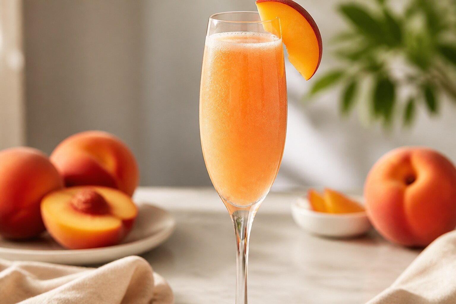 Bellini clásico de durazno y prosecco en copa flauta
