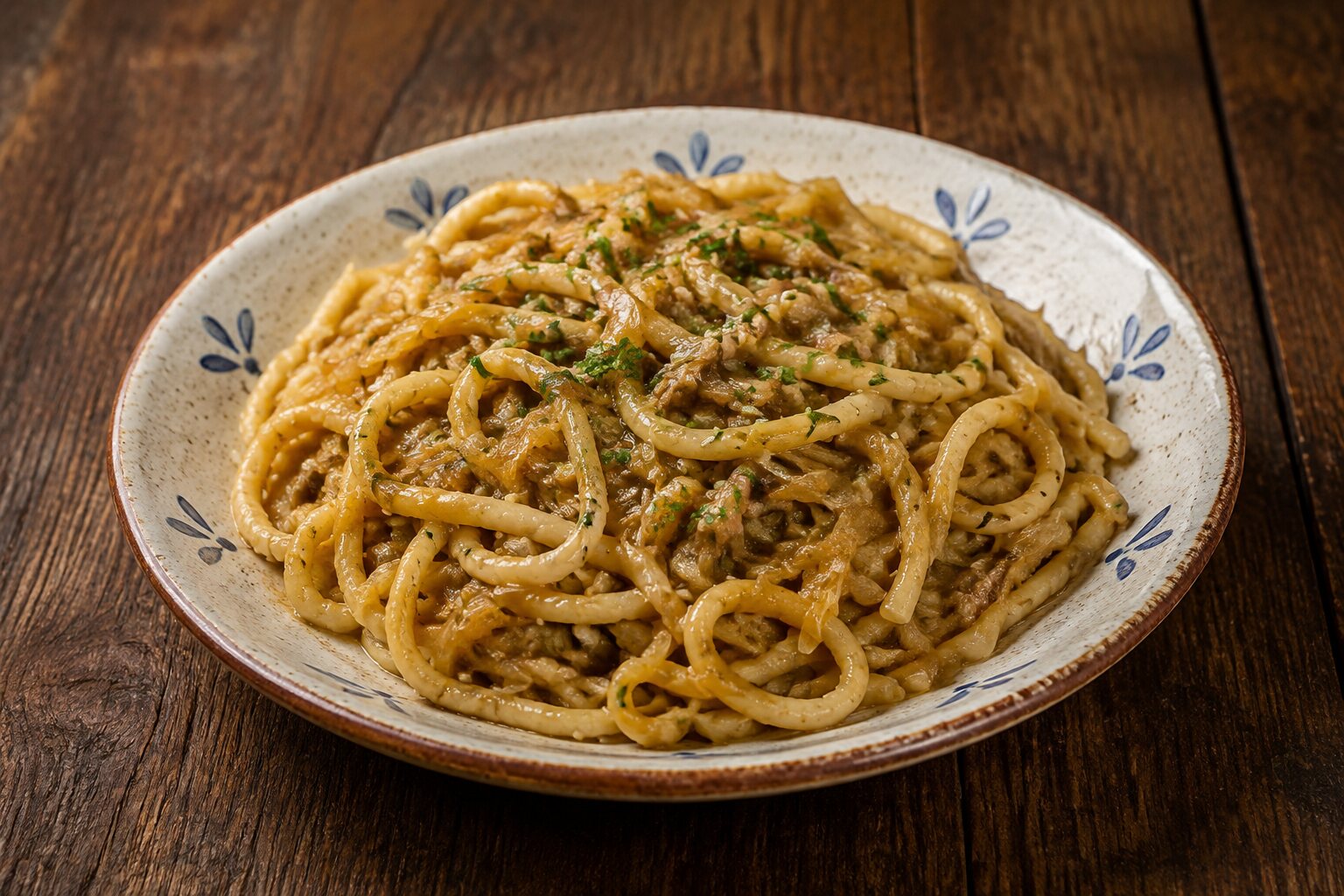 Bigoli in salsa venecianos con cebolla y anchoas