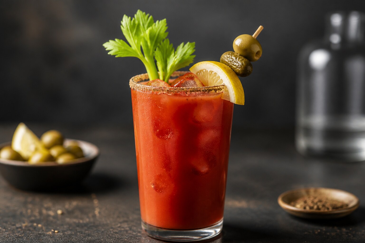Bloody Mary con tomate, apio, limón y aceitunas