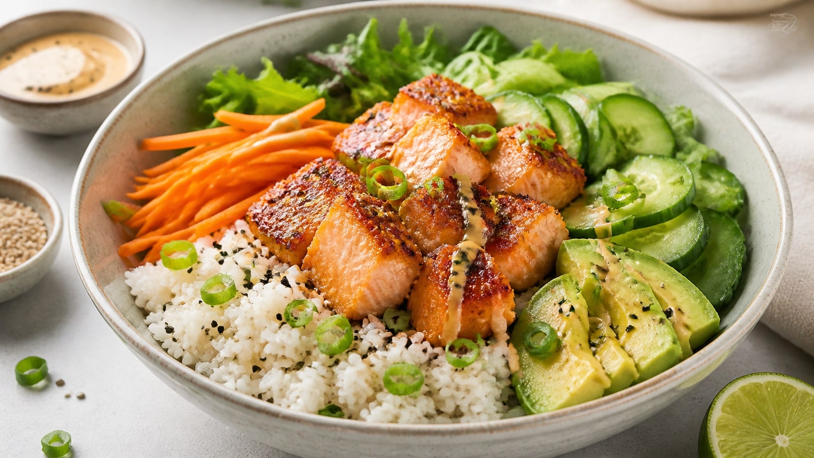Bowl crujiente de salmón y arroz listo para disfrutar