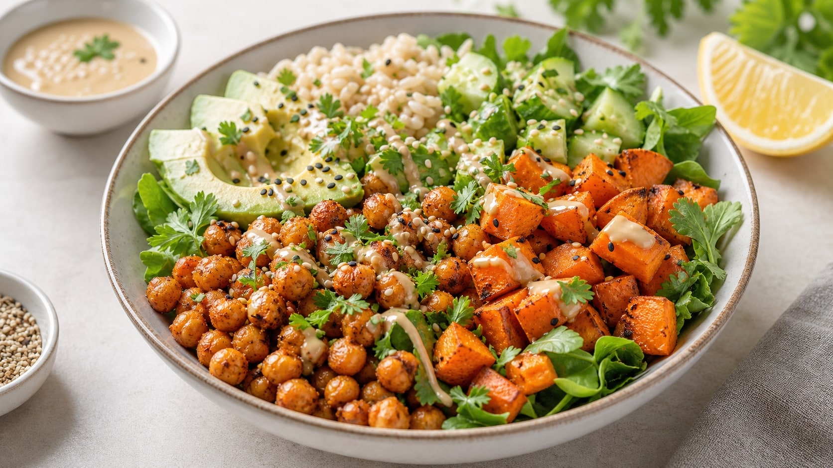 Bowl de garbanzos y camote listo para disfrutar