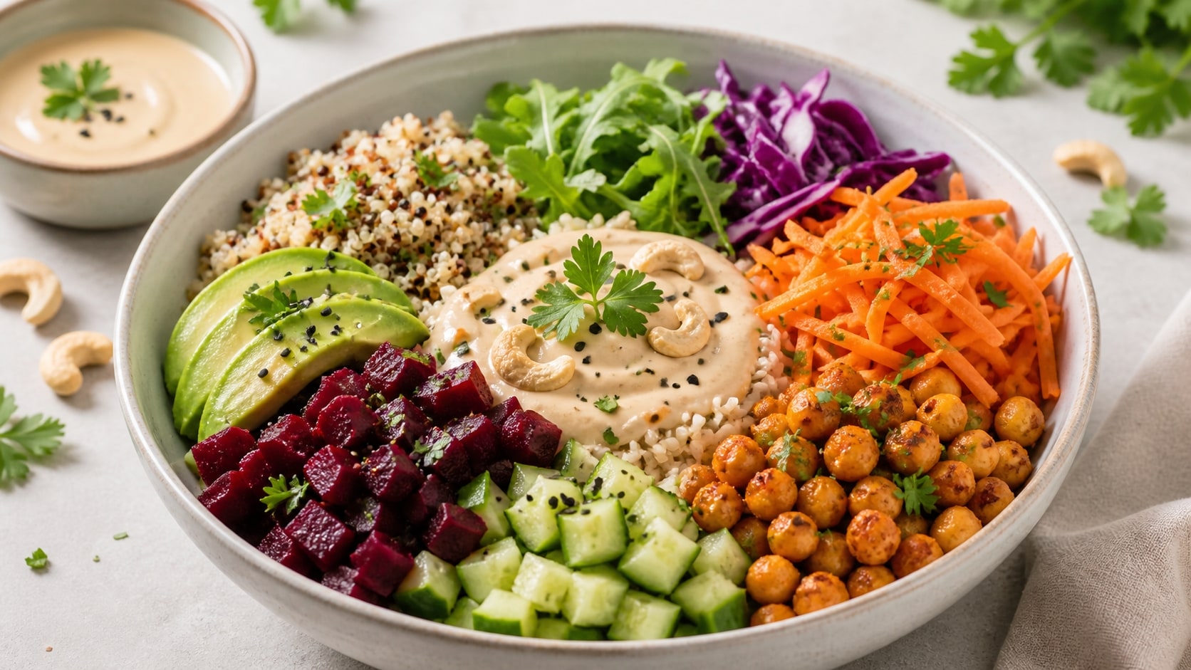 Bowl de granos arcoíris con salsa de anacardos listo para disfrutar