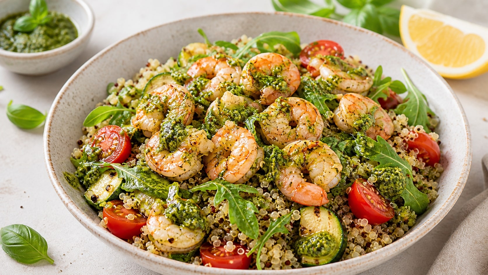 Bowl de quinoa con gambas al pesto listo para disfrutar