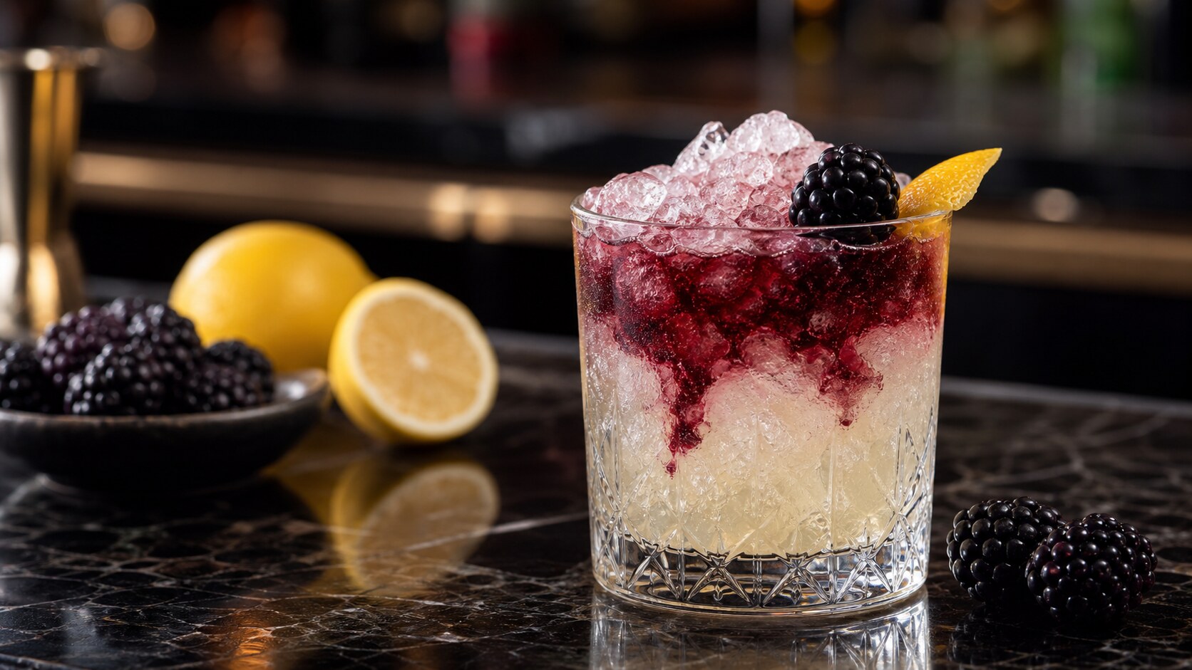Cóctel Bramble con ginebra, moras y hielo picado