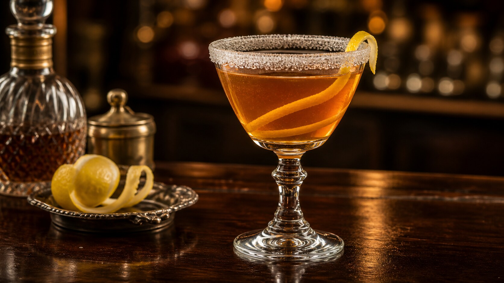 Brandy Crusta con borde de azúcar y piel de limón