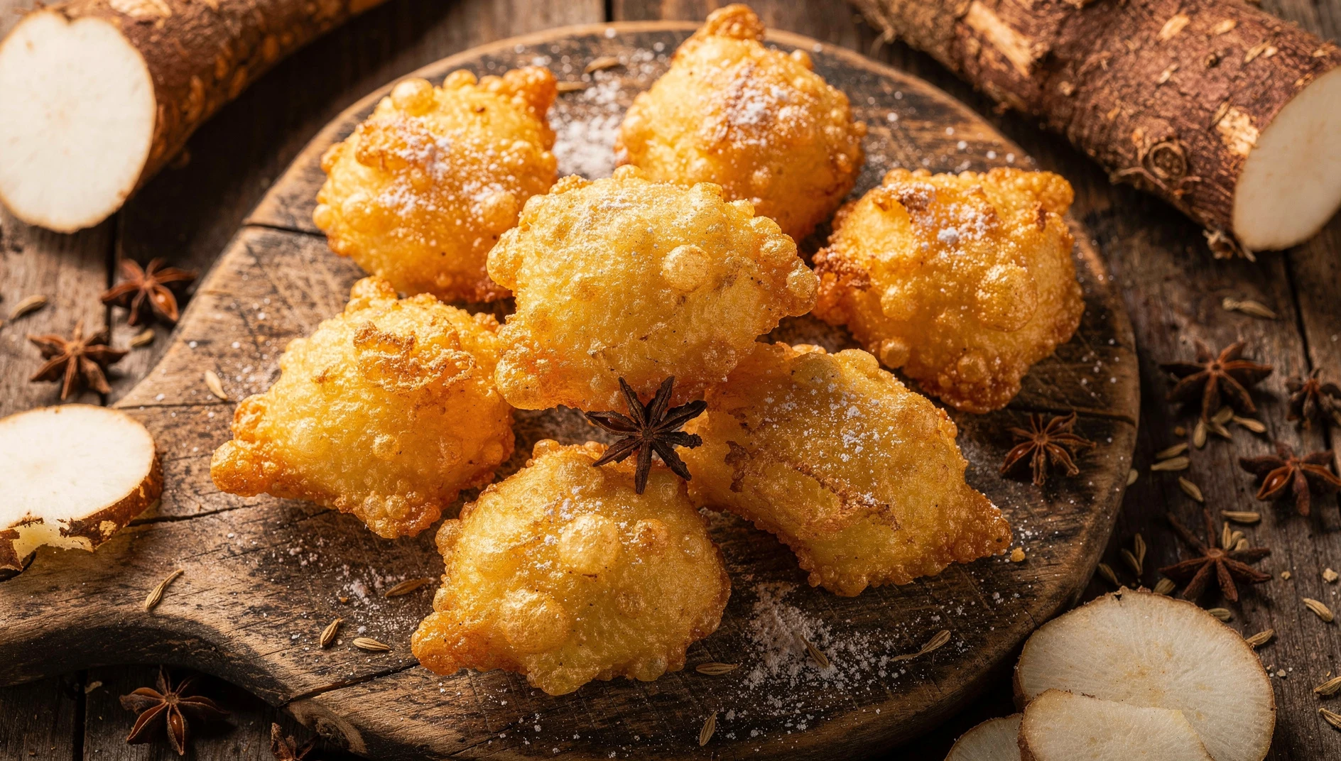 Buñuelos de yuca loretanos recién fritos espolvoreados con azúcar impalpable sobre tabla de madera rústica