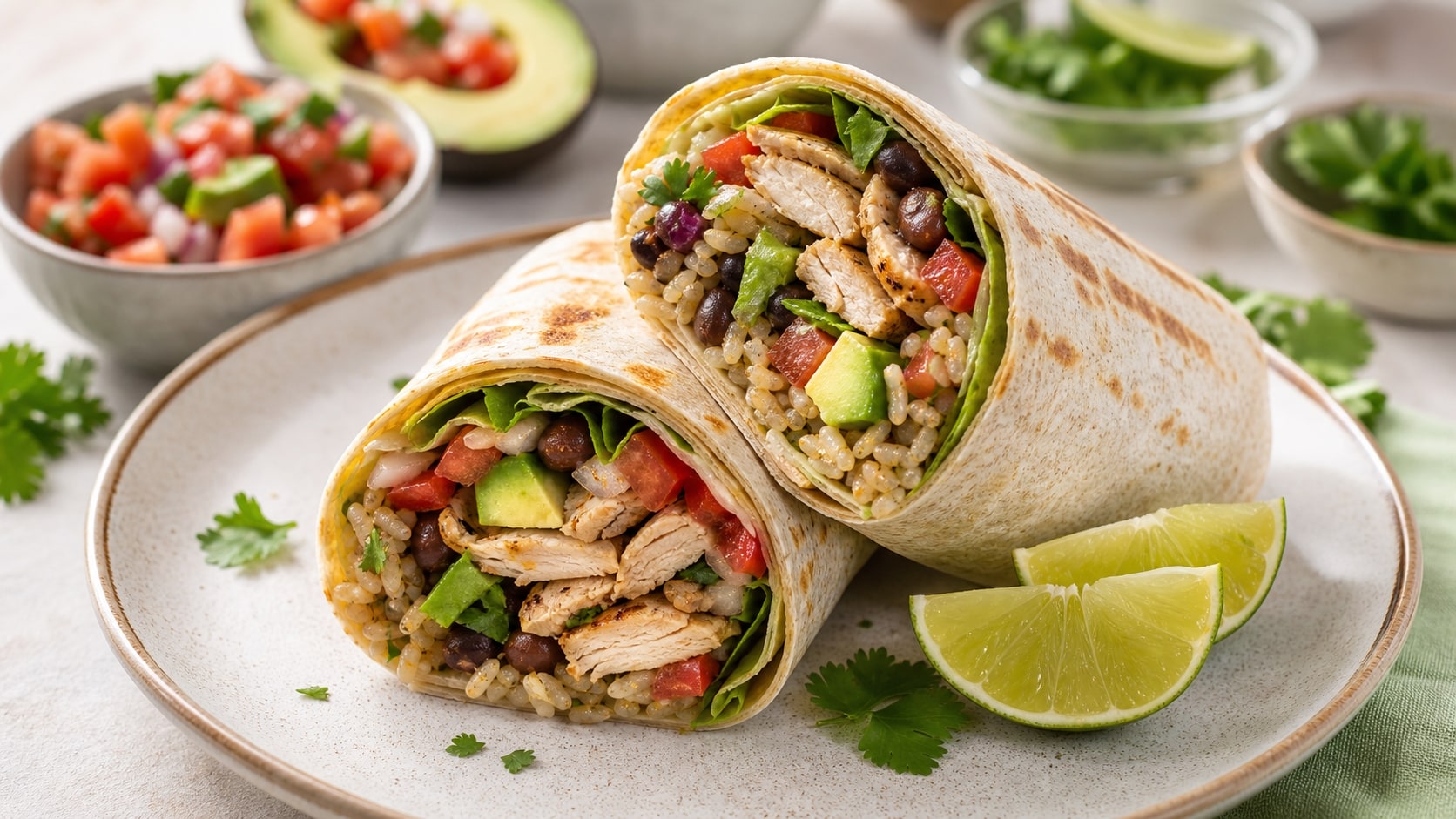 Plato de burritos saludables de pollo listo para disfrutar