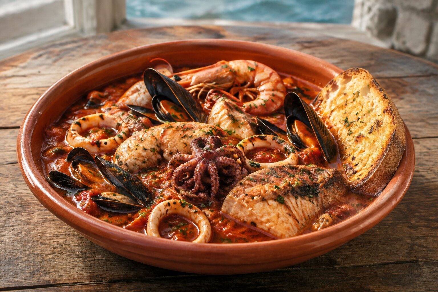 Cacciucco alla livornese con pescado, mejillones y calamar