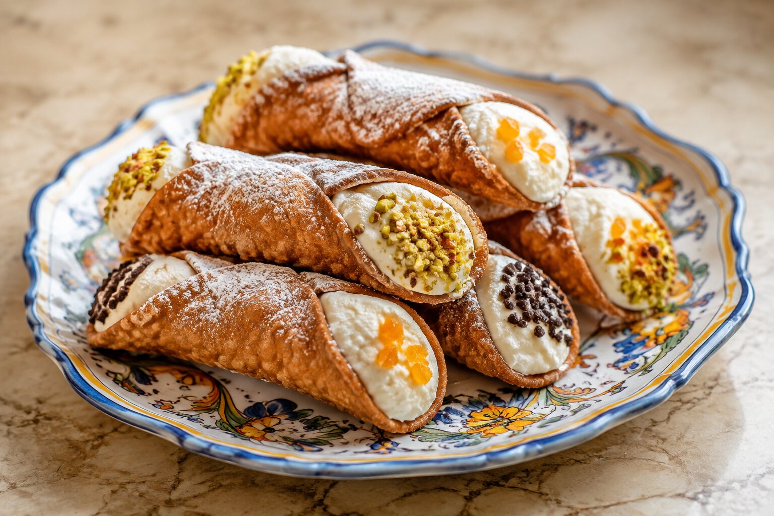 Cannoli sicilianos rellenos de crema de ricotta
