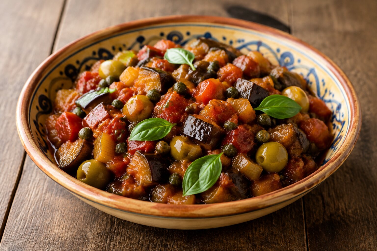 Caponata siciliana con berenjenas, aceitunas y alcaparras