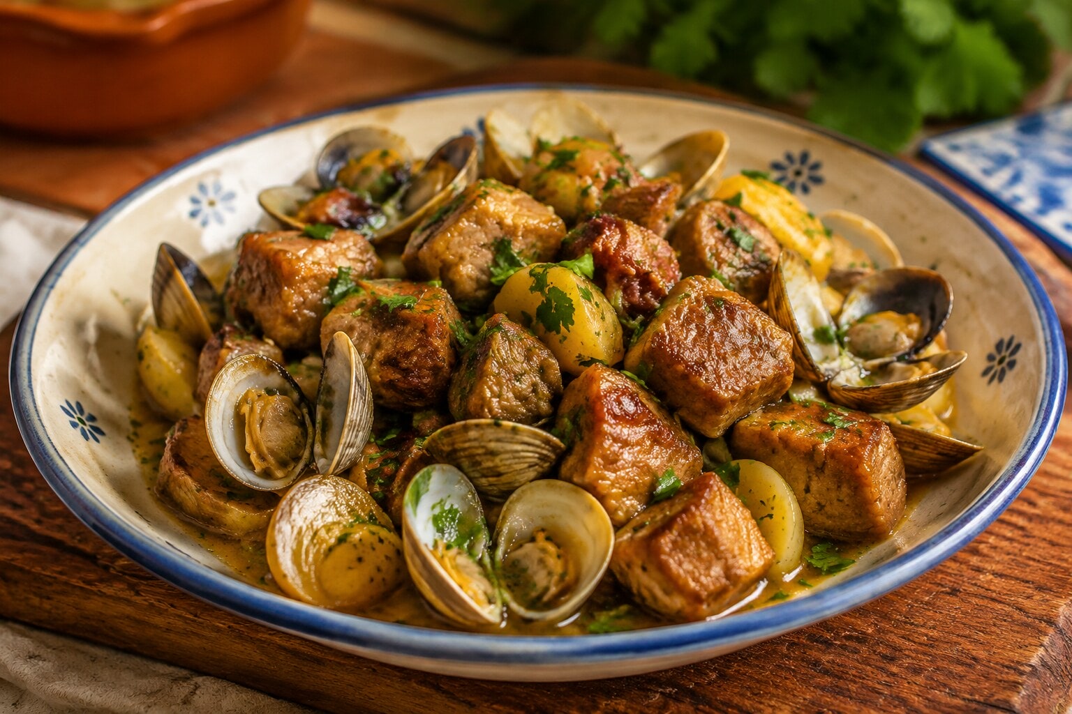 Carne de porco à alentejana, especialidad tradicional de la gastronomía portuguesa