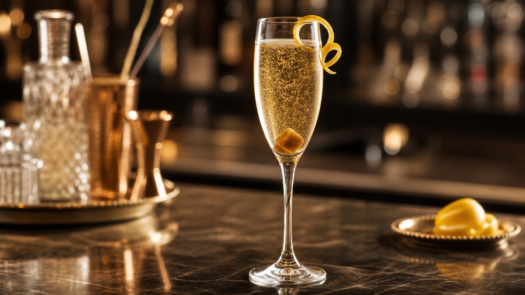 Champagne cocktail con burbujas y piel de limón