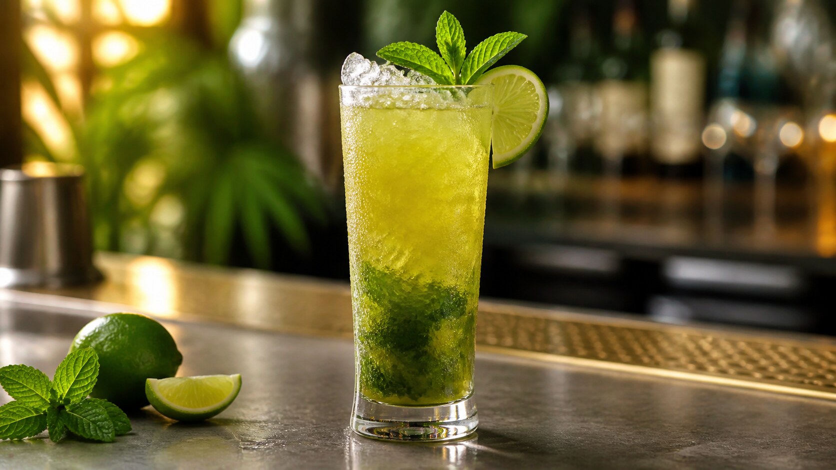Chartreuse Swizzle verde con hielo, piña y menta