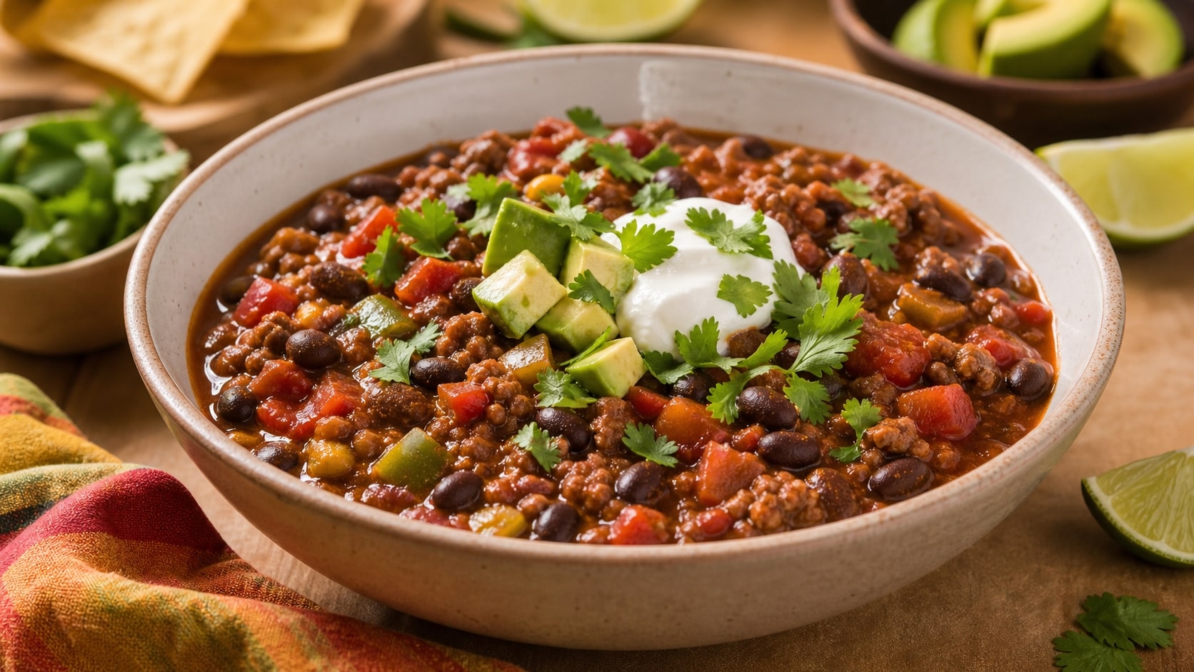 Plato de chili con carne saludable listo para disfrutar