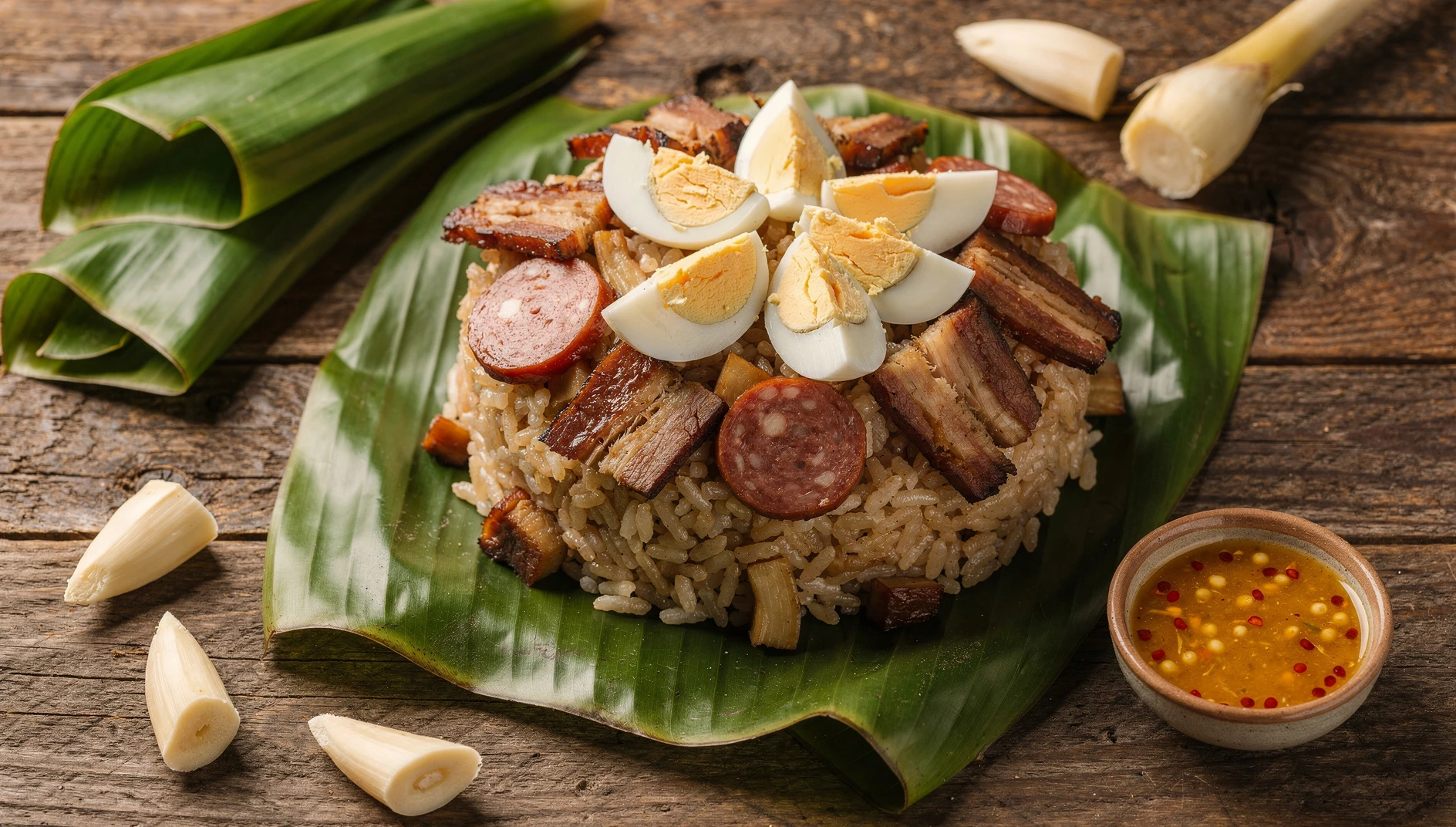 Chontafane sanmartinense abierto sobre hoja de bijao con arroz, cecina, chorizo y palmito en mesa de madera rústica