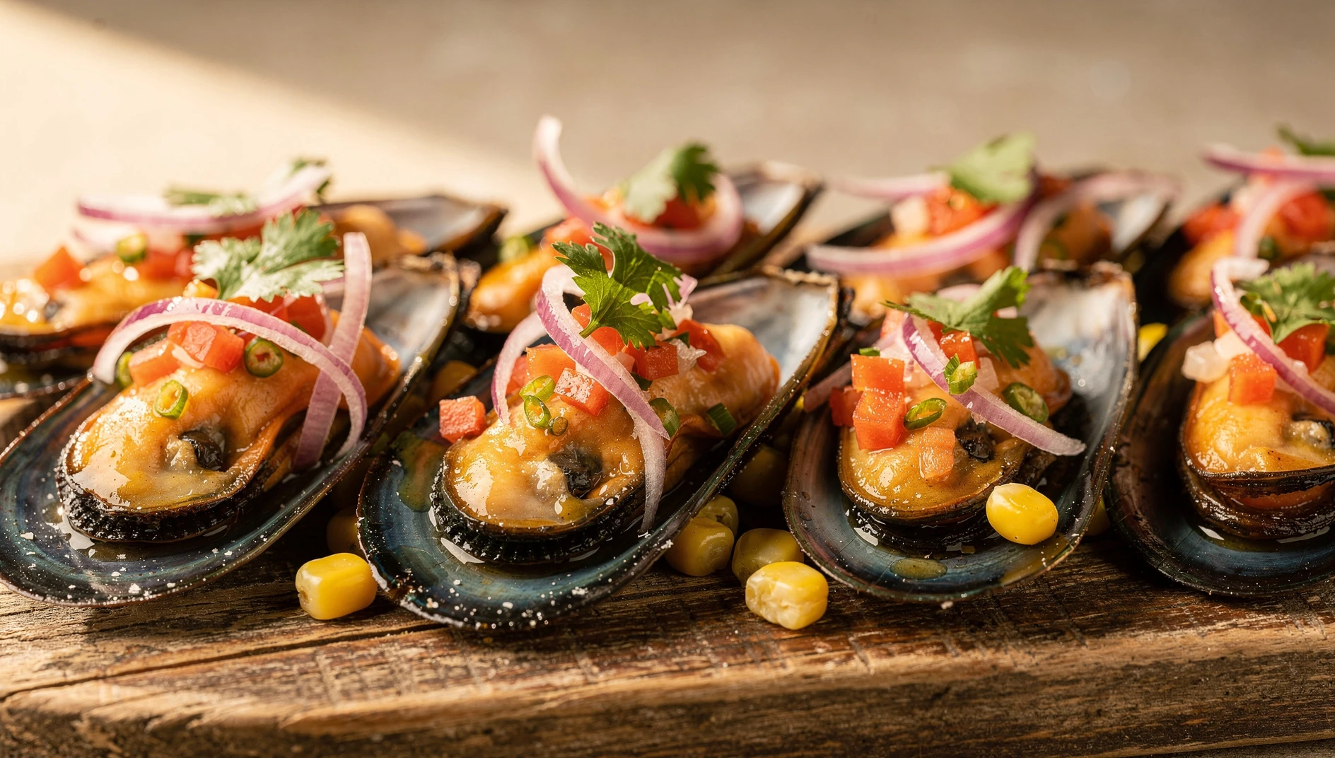 Choritos a la chalaca en sus conchas con salsa criolla de cebolla roja, tomate, ají limo y cilantro fresco