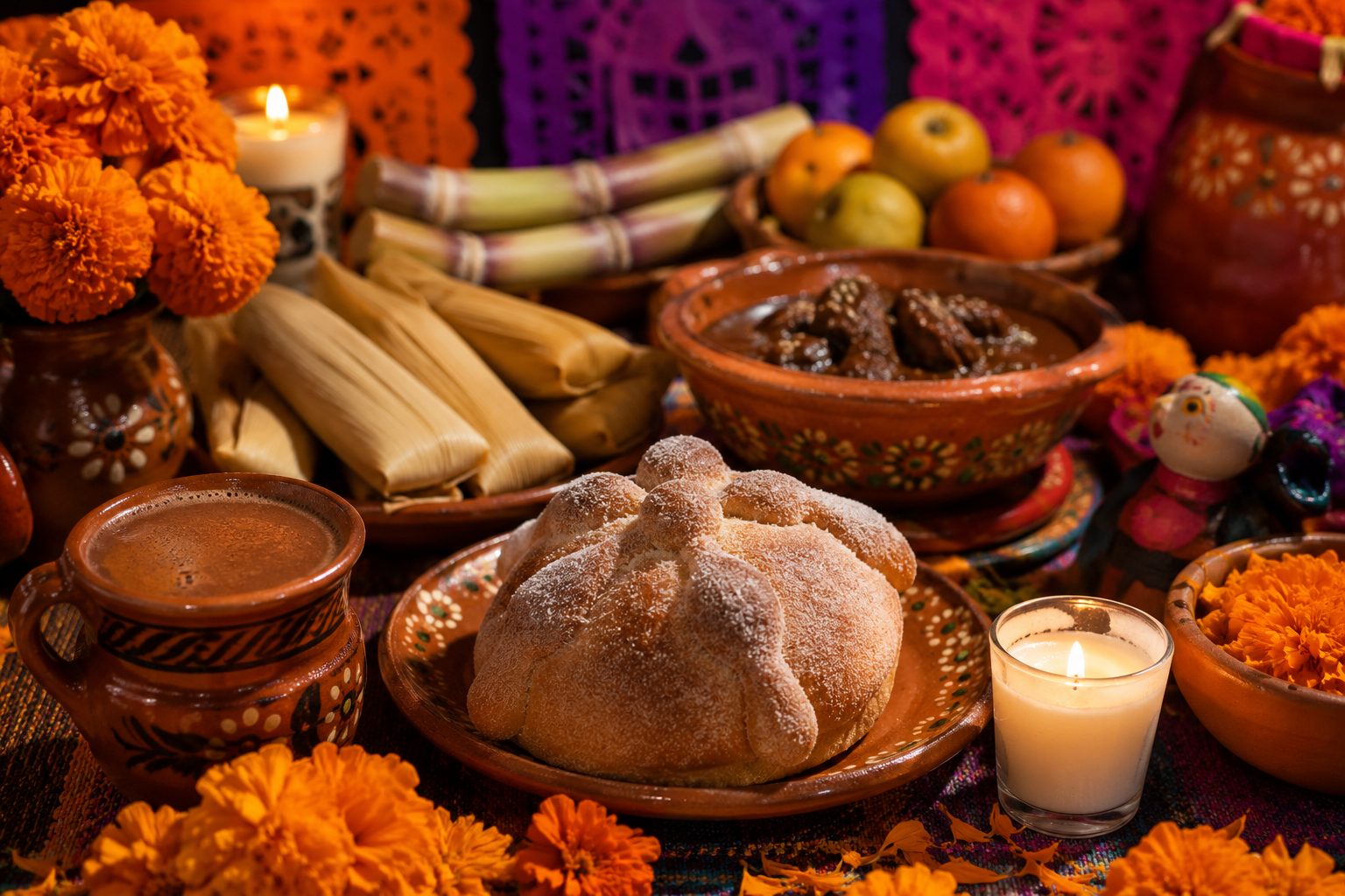 Pan de muerto, tamales y ofrenda gastronómica mexicana de Día de Muertos