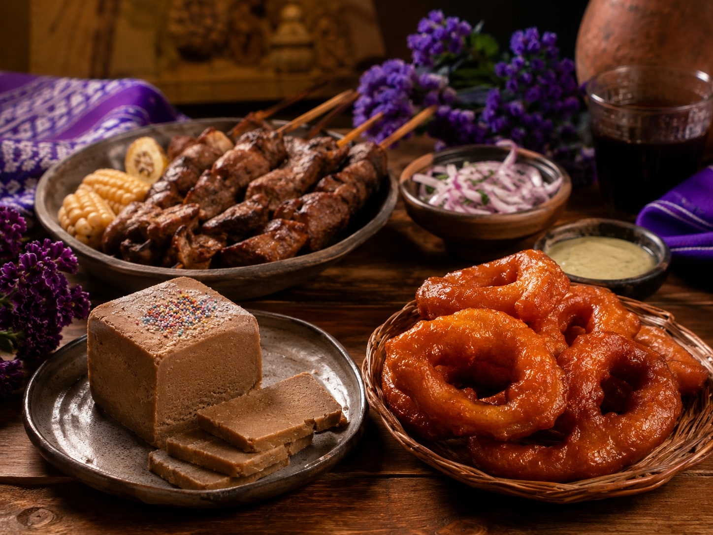 Comida del Señor de los Milagros con turrón, picarones y anticuchos