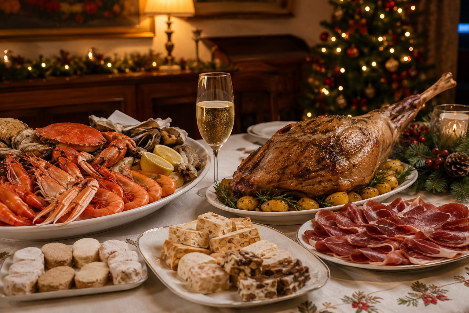 Mesa de Navidad en España con mariscos, asado, jamón y turrones