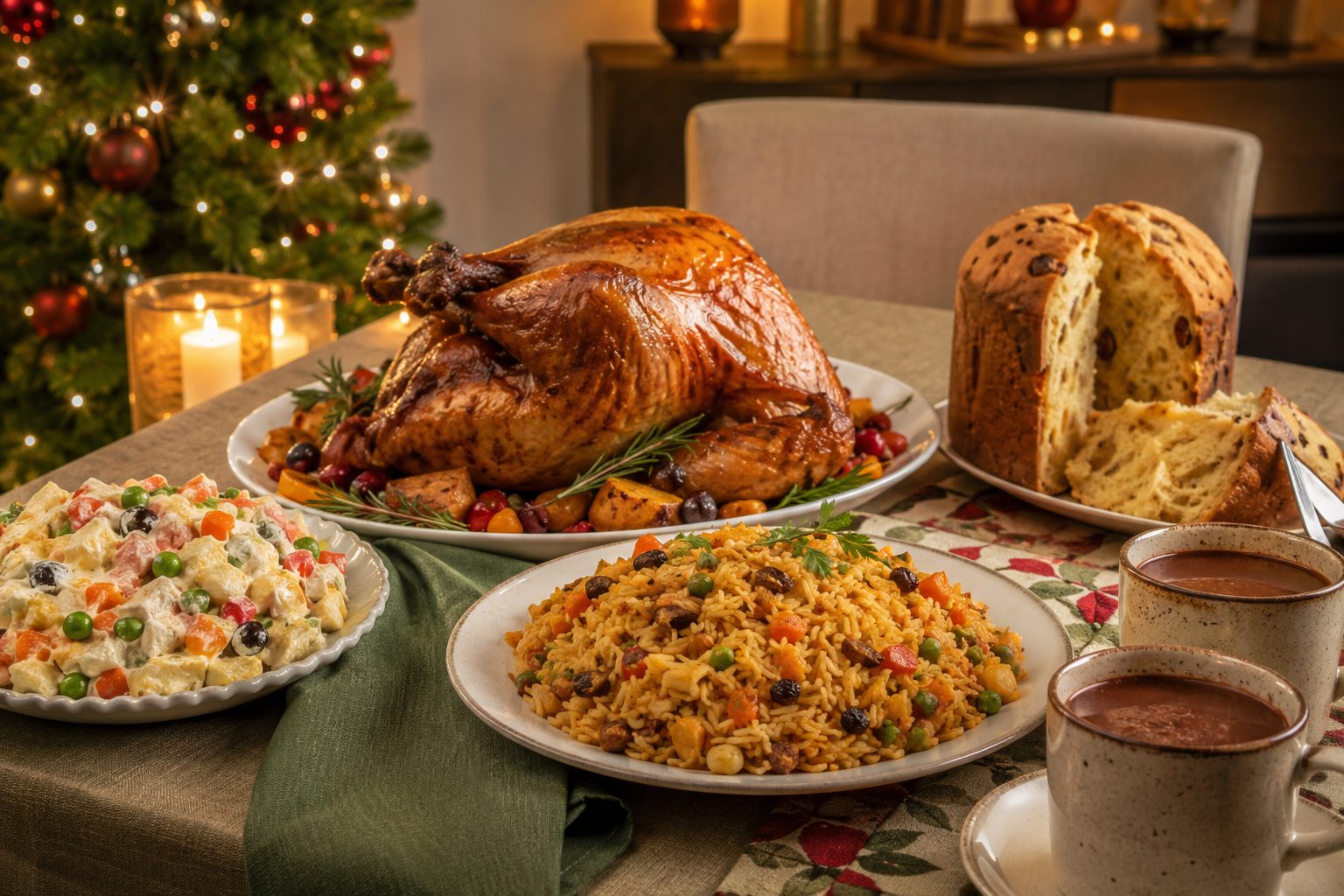 Cena navideña peruana con pavo, arroz, panetón y chocolate caliente