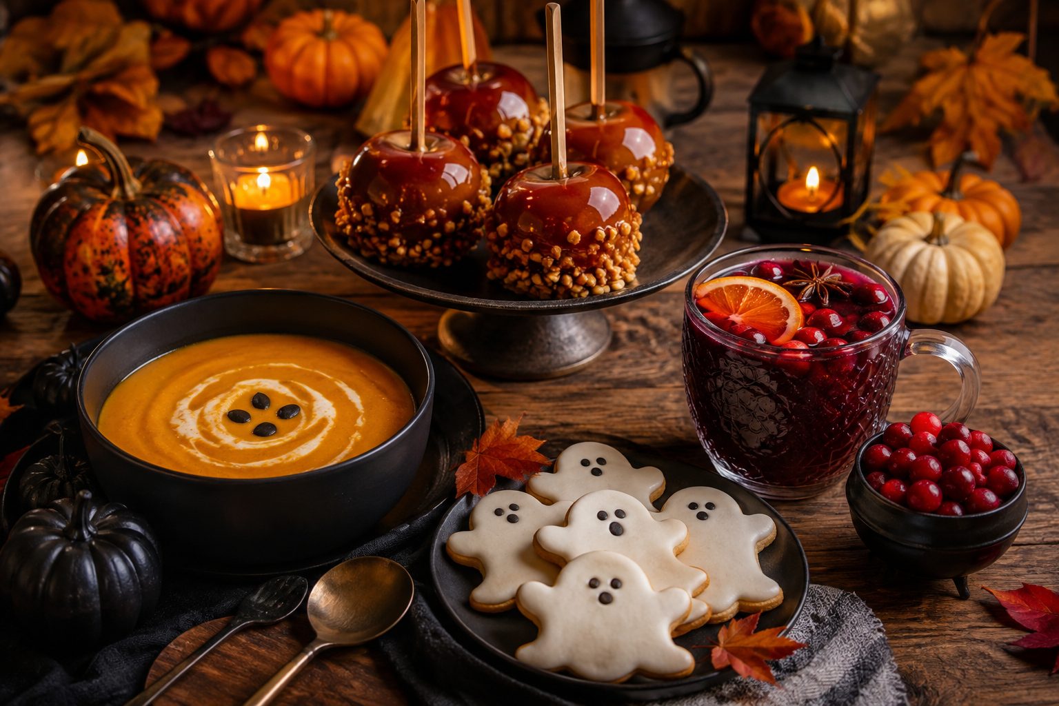 Mesa de Halloween con calabaza, dulces y bocados de aspecto festivo