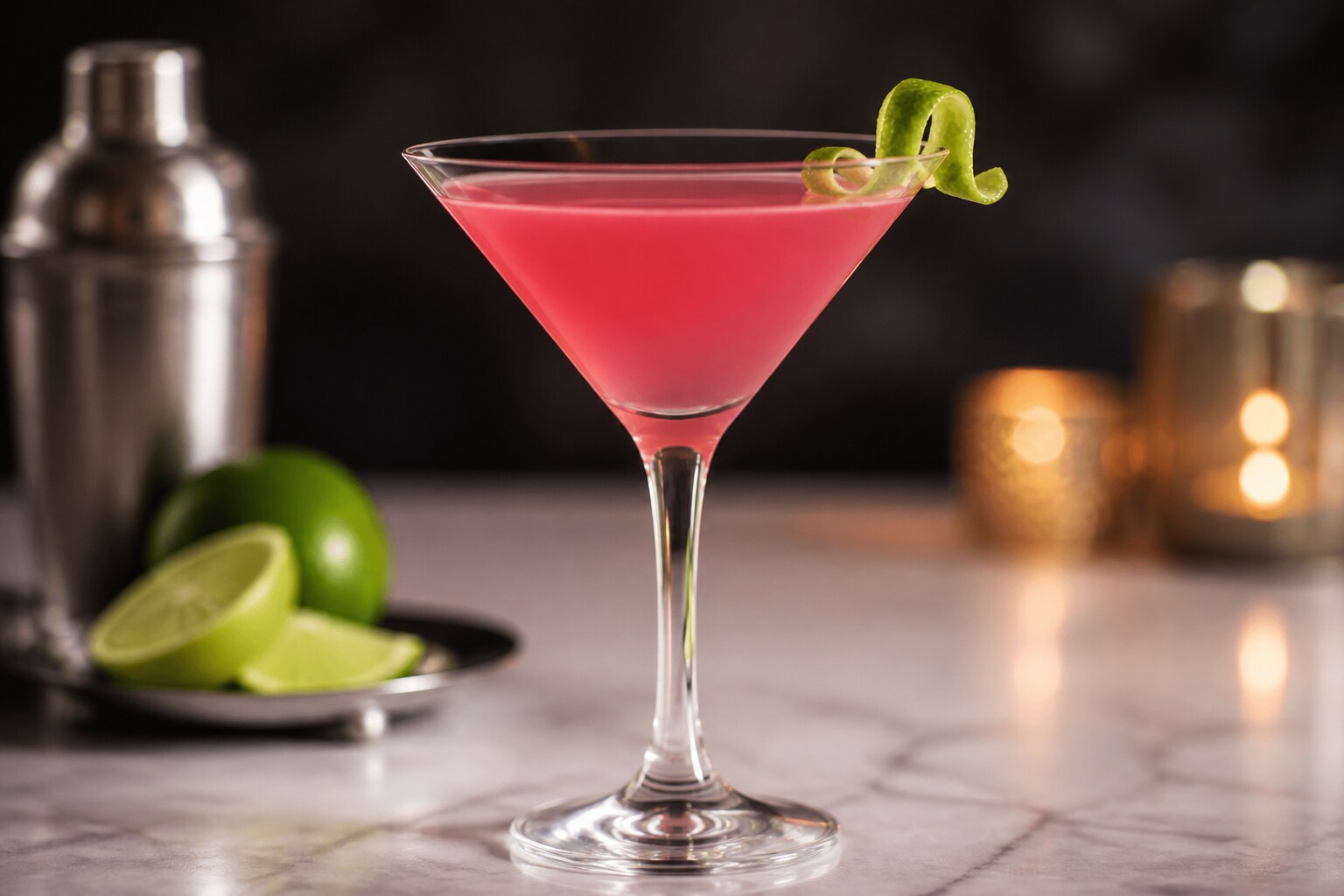 Cóctel cosmopolitan rosado servido con piel de lima