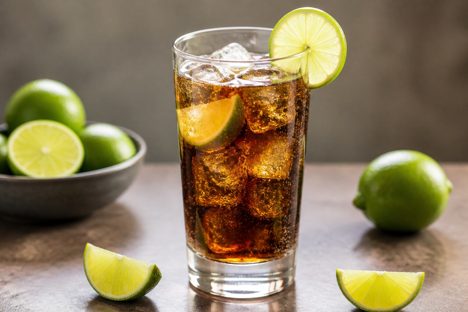 Cuba libre con ron, cola, hielo y rodaja de lima