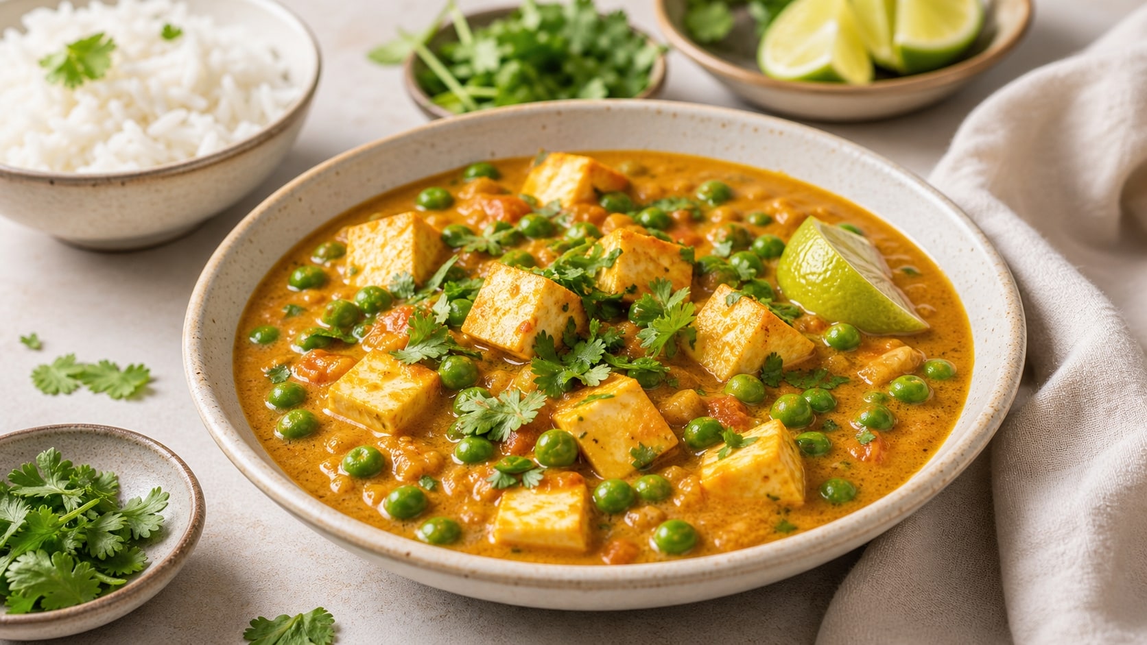 Plato de curry ligero de paneer y guisantes listo para disfrutar