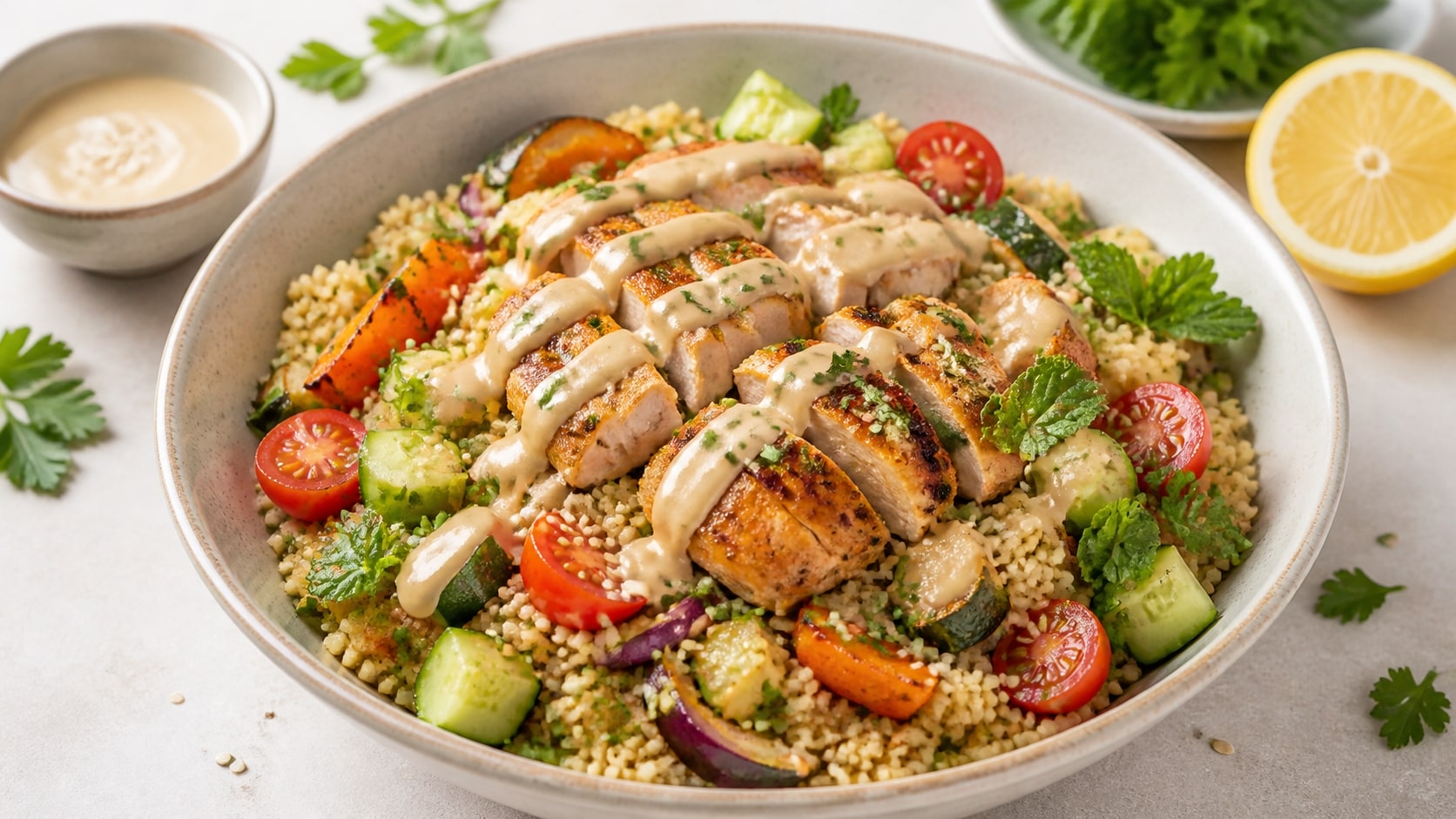 Plato de cuscús con tahini, pollo y verduras listo para disfrutar