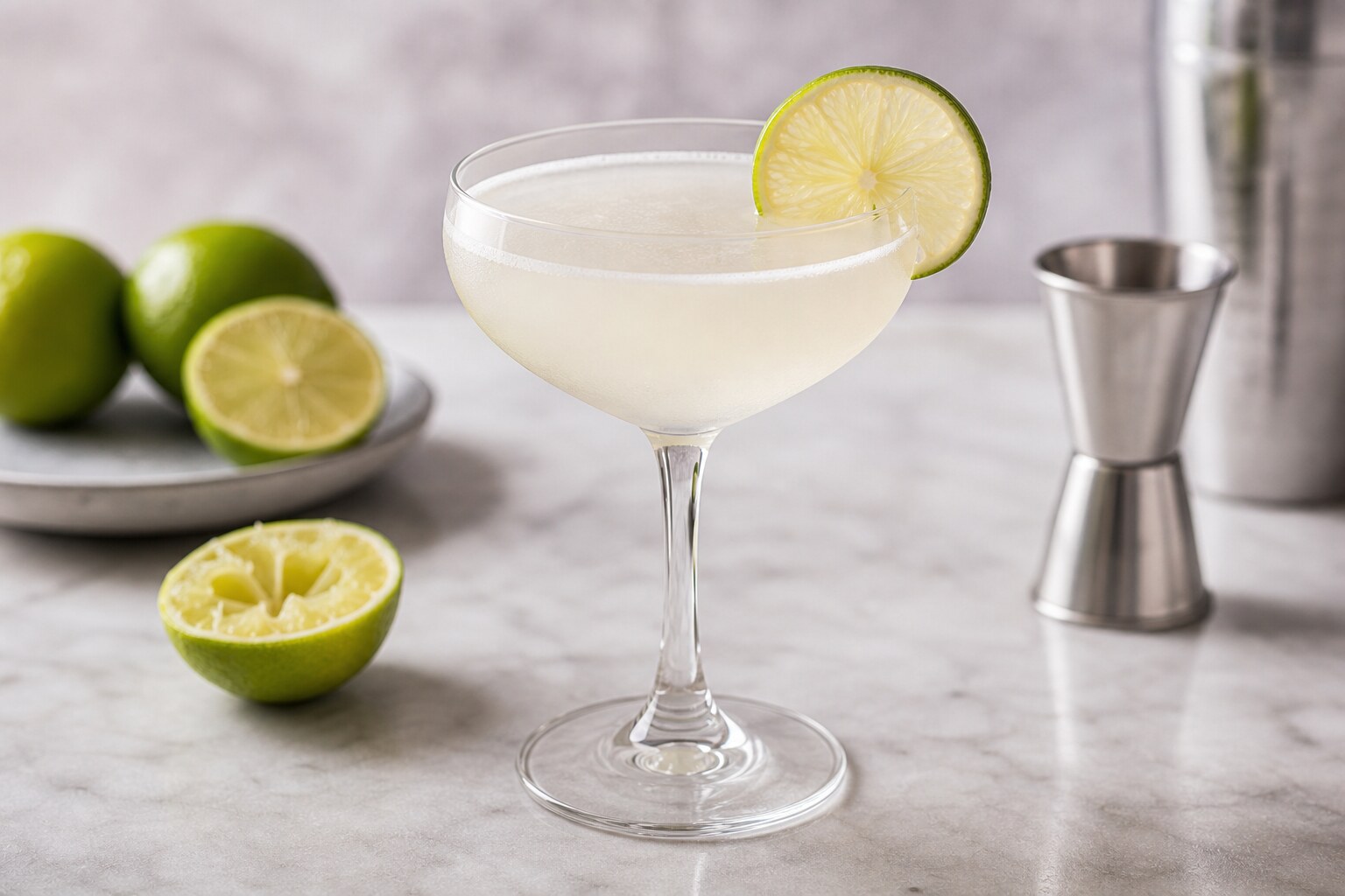 Daiquiri clásico de ron blanco y lima servido en copa