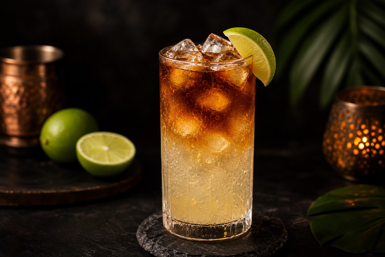 Cóctel Dark 'n' Stormy con ron oscuro, lima y hielo