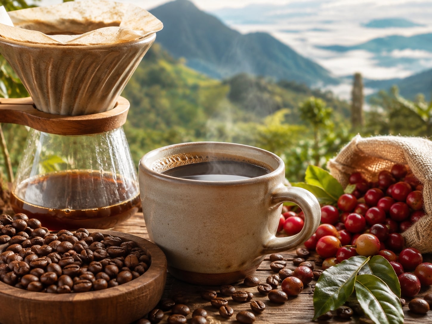 Café peruano servido con granos y cerezas de café de regiones andinas