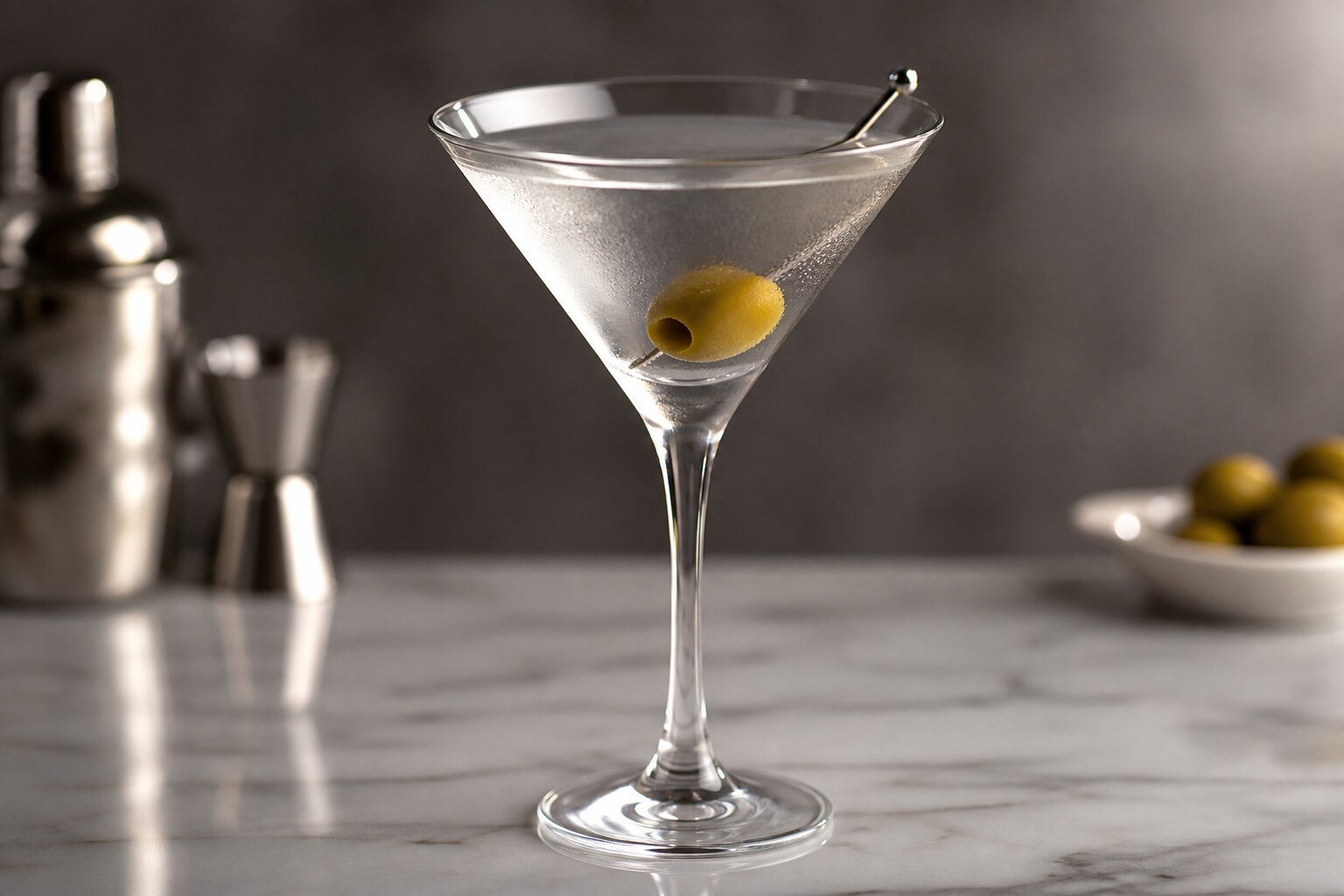 Dry martini servido en copa con aceituna verde