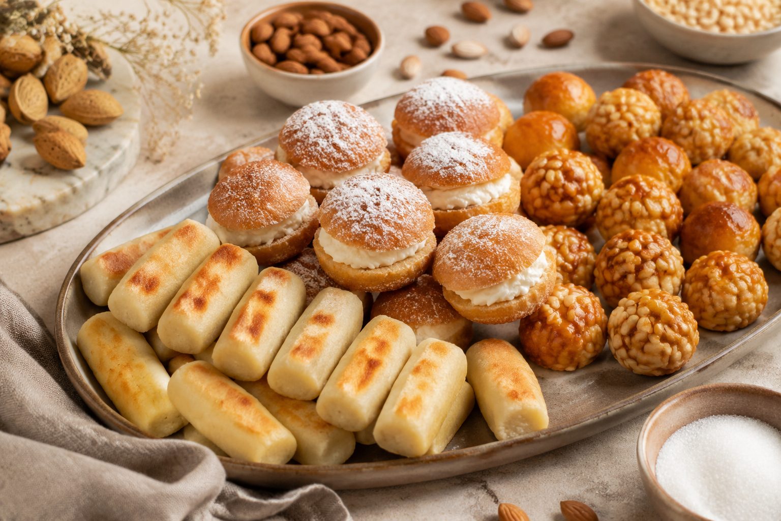 Huesos de santo, buñuelos y panellets tradicionales de Todos los Santos