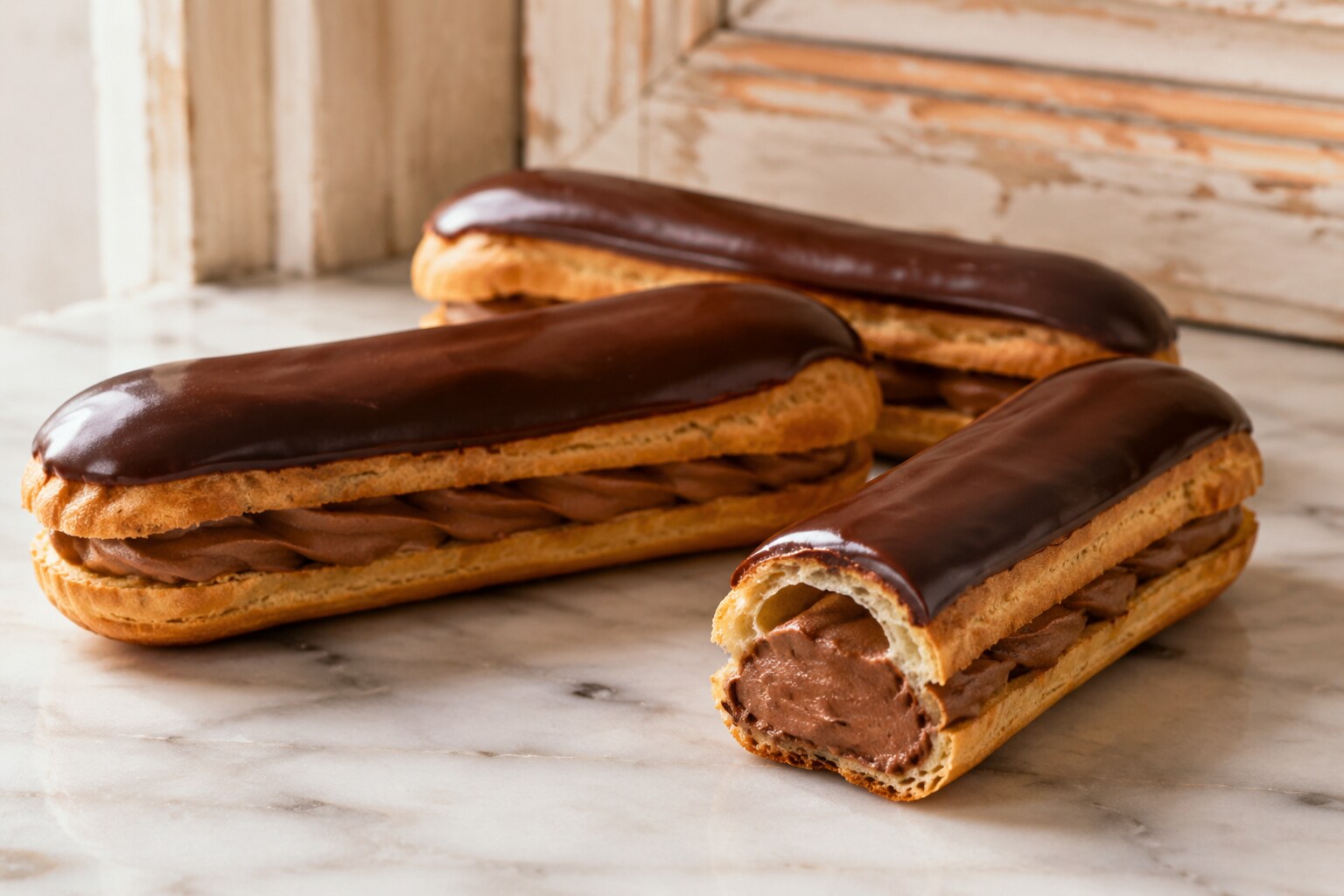 Éclairs au chocolat franceses con crema y glaseado de chocolate