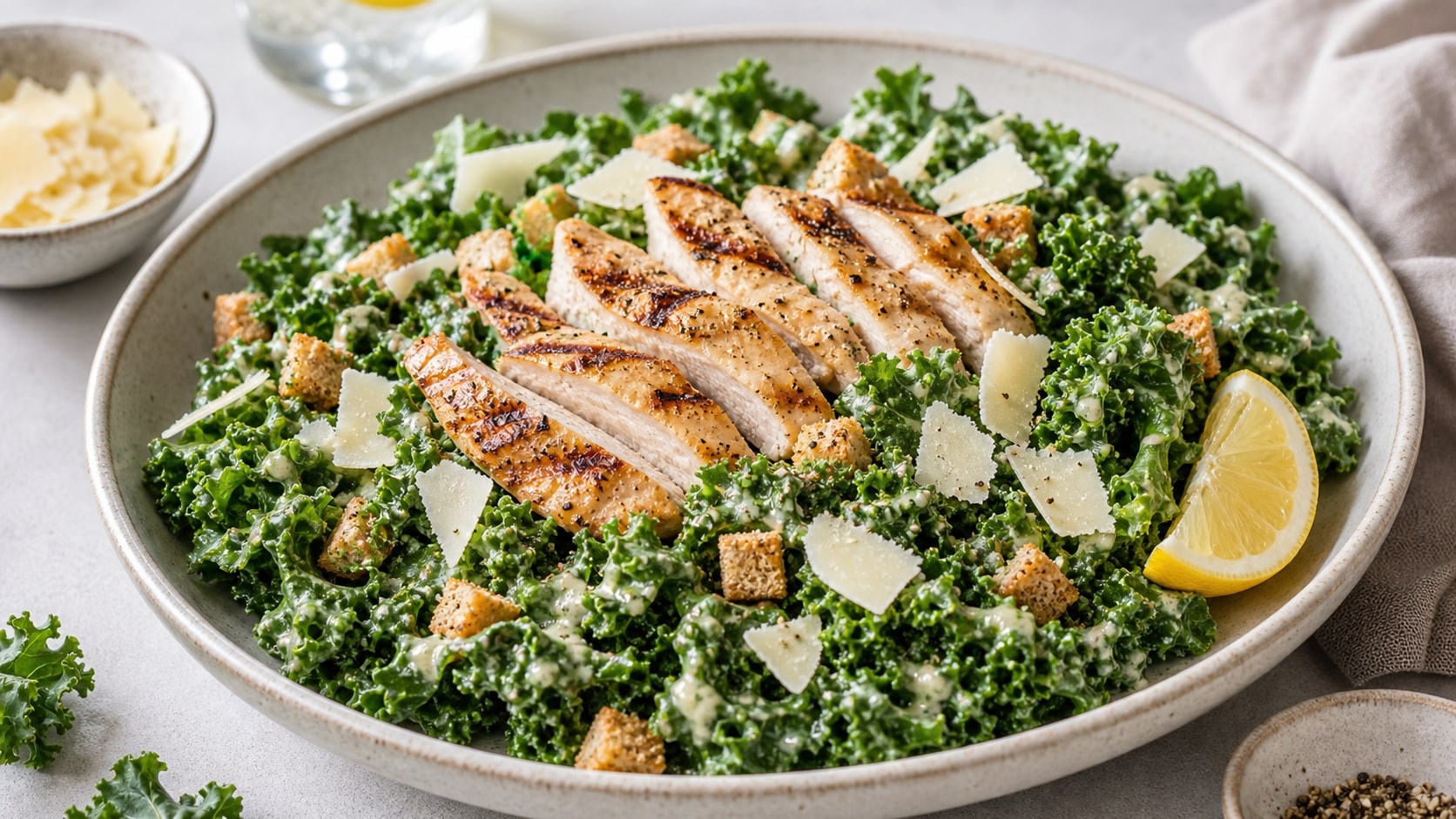 Plato de ensalada césar de kale con pollo con ingredientes frescos